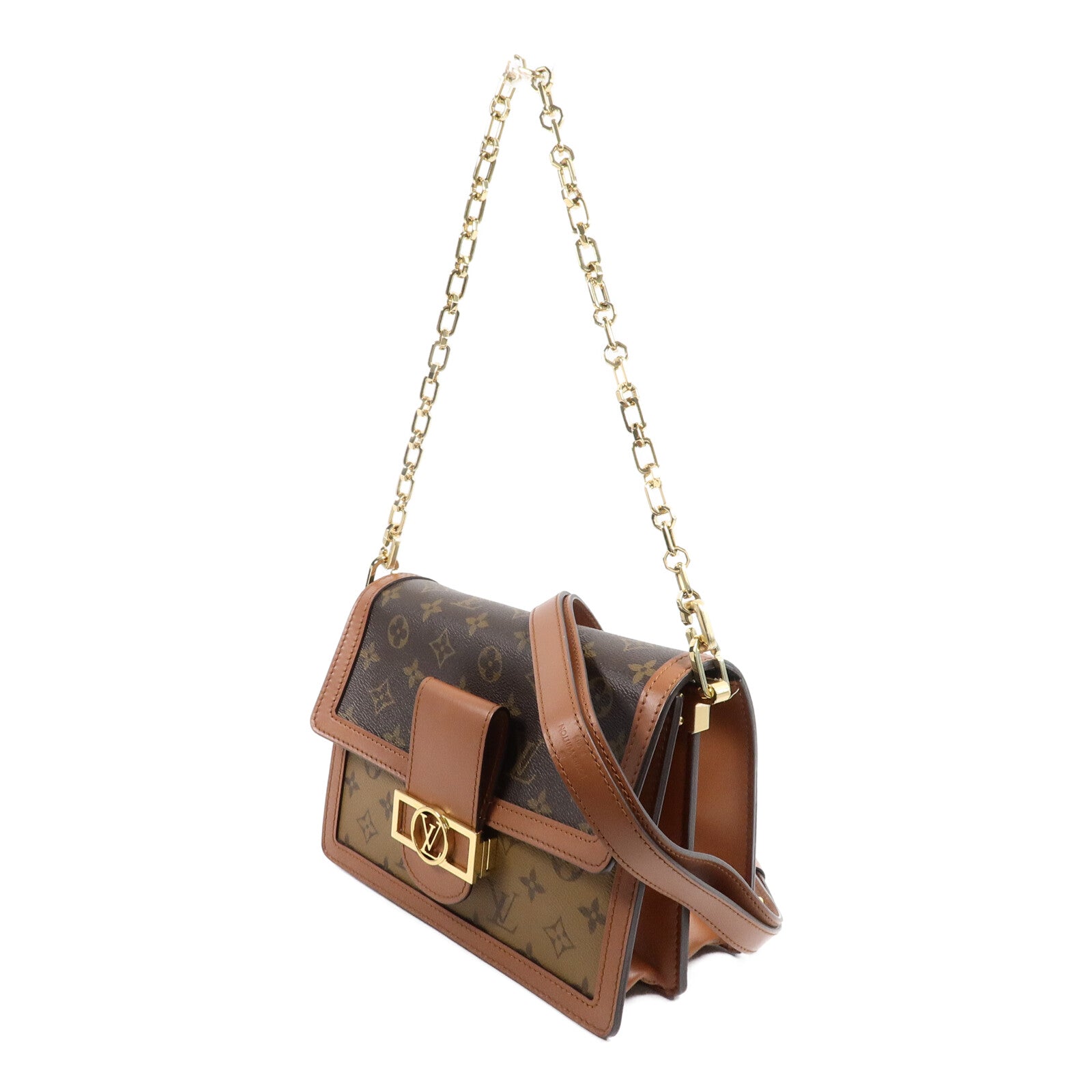 LOUIS VUITTON Monogram/Monogram Reverse Dauphine MM金扣手挽肩背兩用袋棕色
