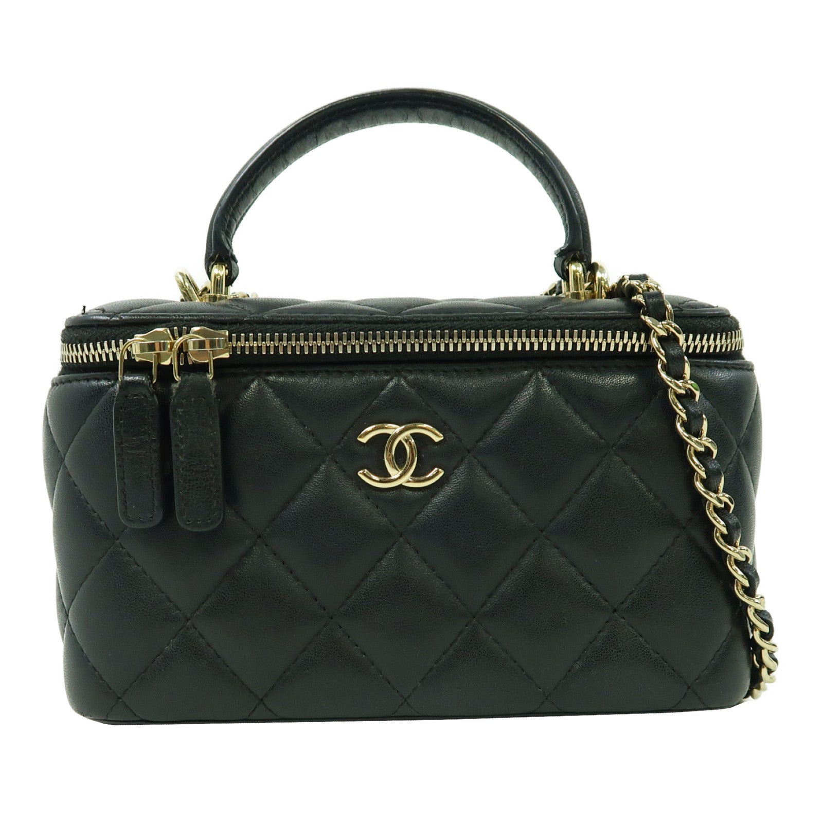 CHANEL 菱格牛皮皮革Vanity Case金扣手挽肩背兩用袋黑色