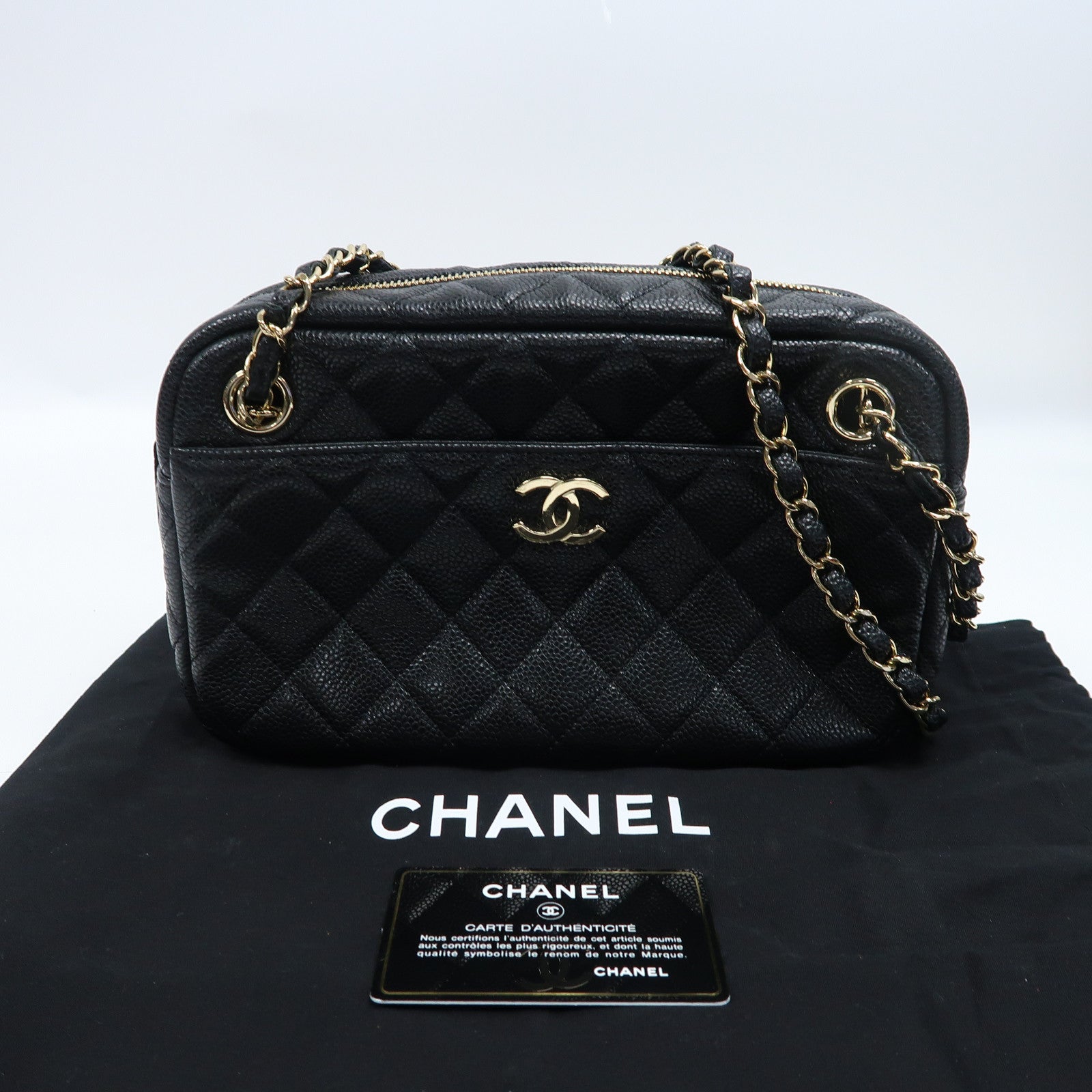 CHANEL 菱格Caviar皮革Chain Shoulder金扣鏈帶肩背袋黑色