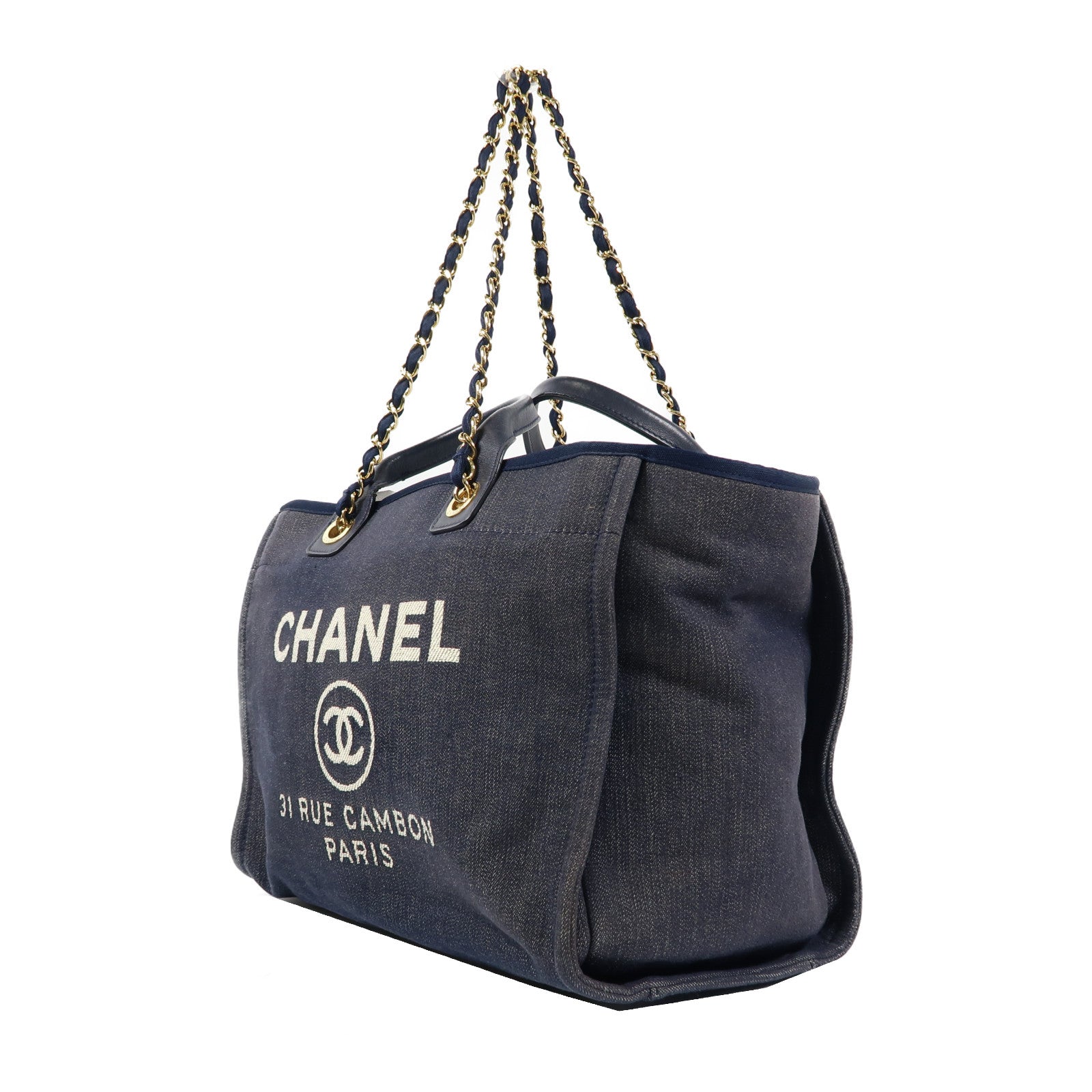 CHANEL 帆布Deauville Tote金扣手挽肩背兩用袋深藍色