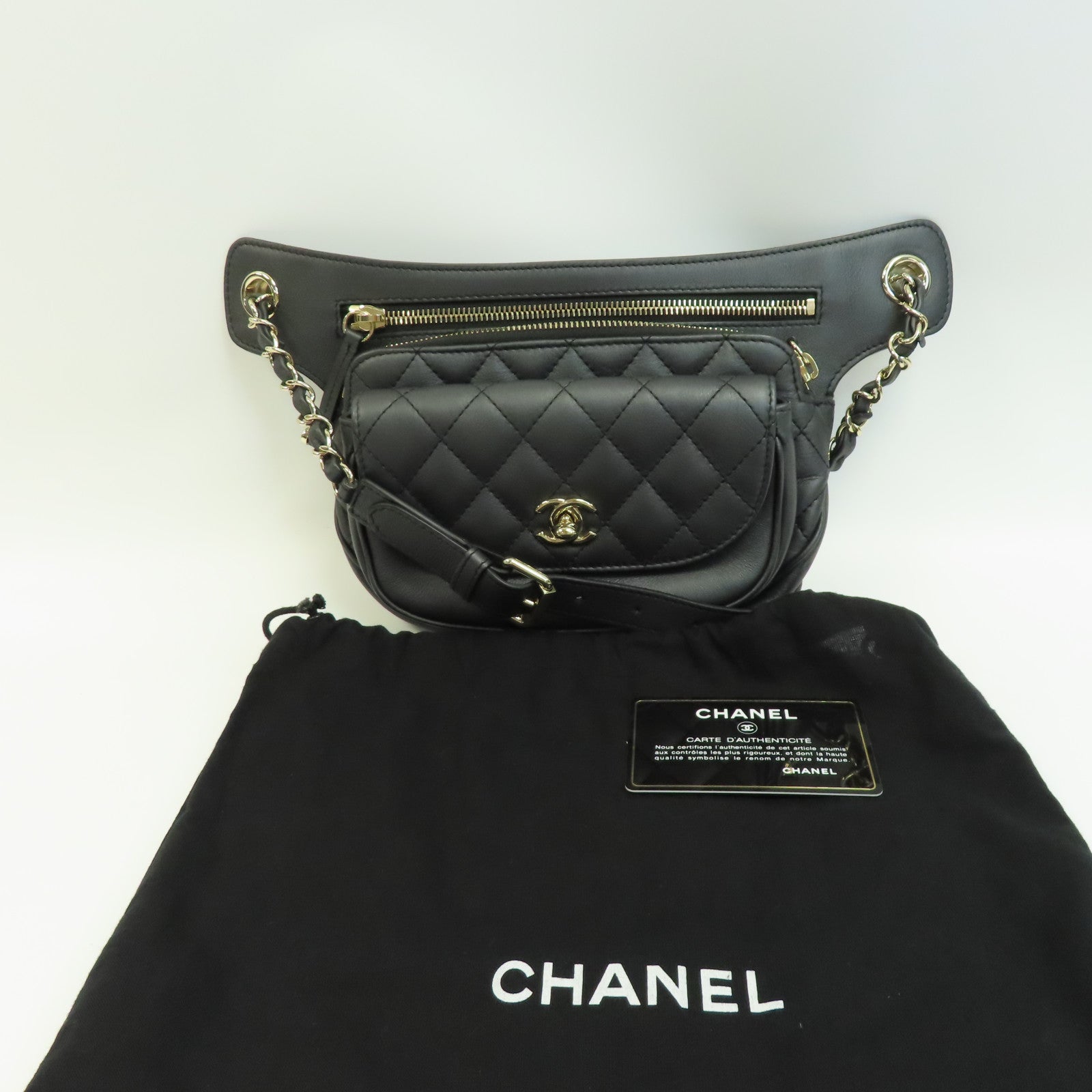 CHANEL 菱格牛皮皮革Waist Bag金釦鏈帶肩背袋黑色