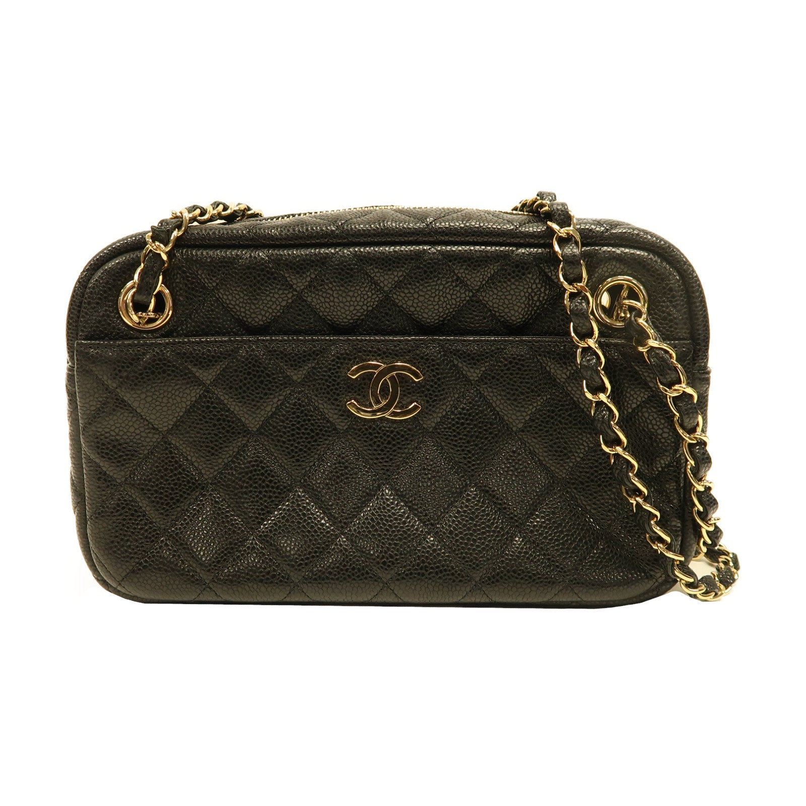 CHANEL 菱格Caviar皮革Chain Shoulder金扣鏈帶肩背袋黑色