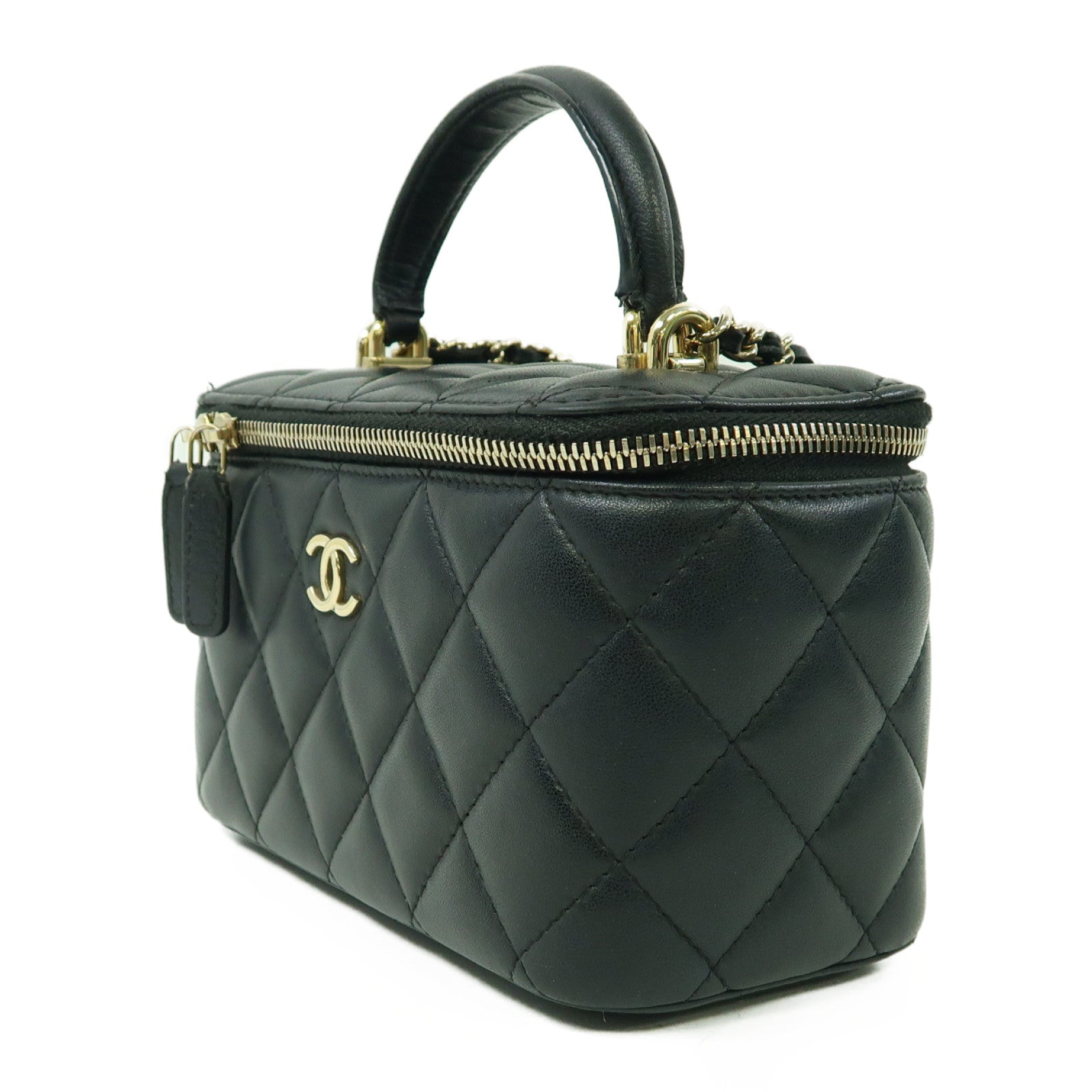 CHANEL 菱格牛皮皮革Vanity Case金扣手挽肩背兩用袋黑色