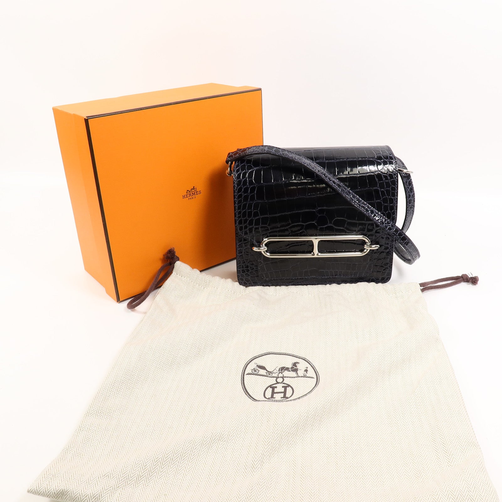 HERMES Alligator皮革Roulis Mini肩背袋Bleu Indigo