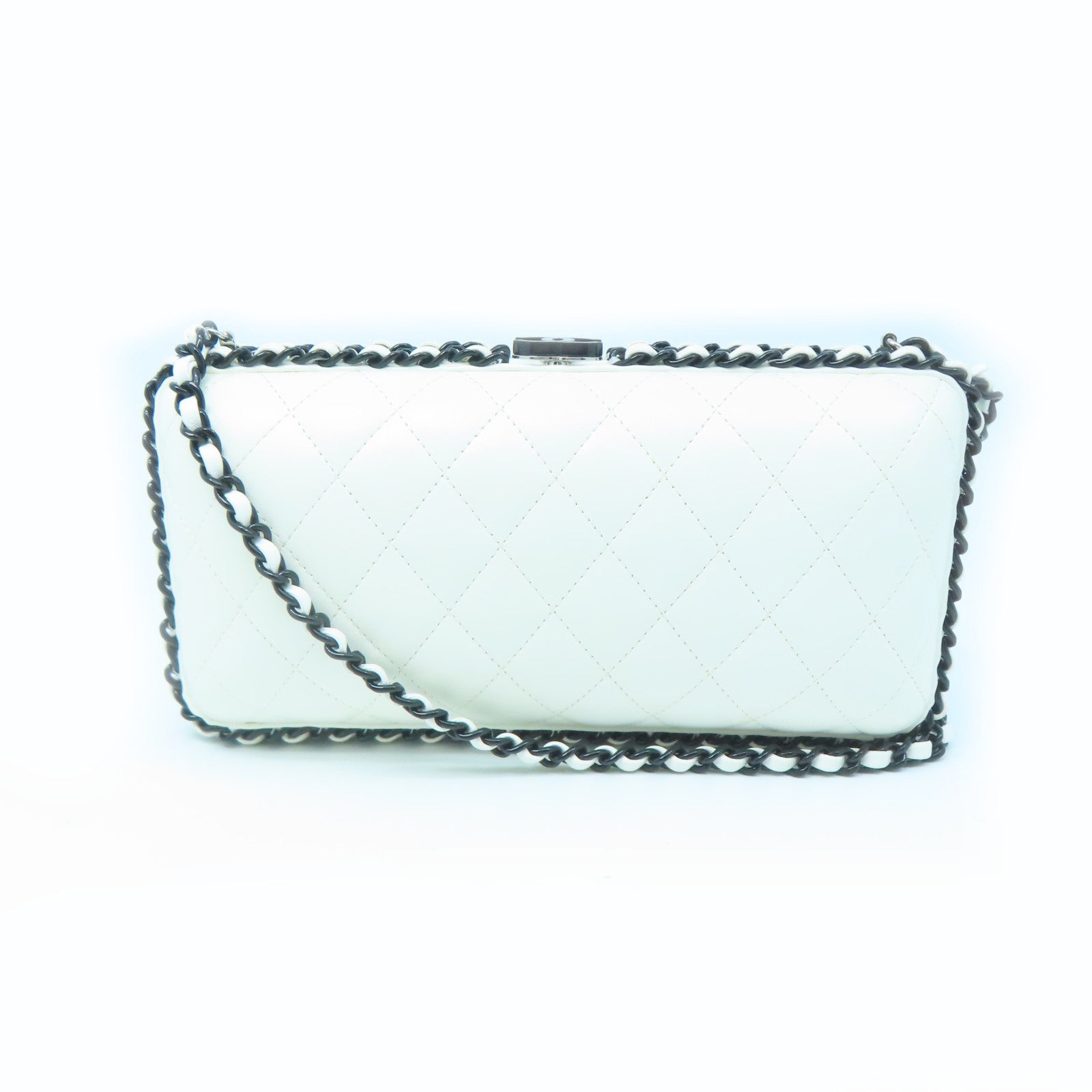 CHANEL Cowhide Leather Chain Shoulder Silver Buckle Chain Belt Shoulder Bag White