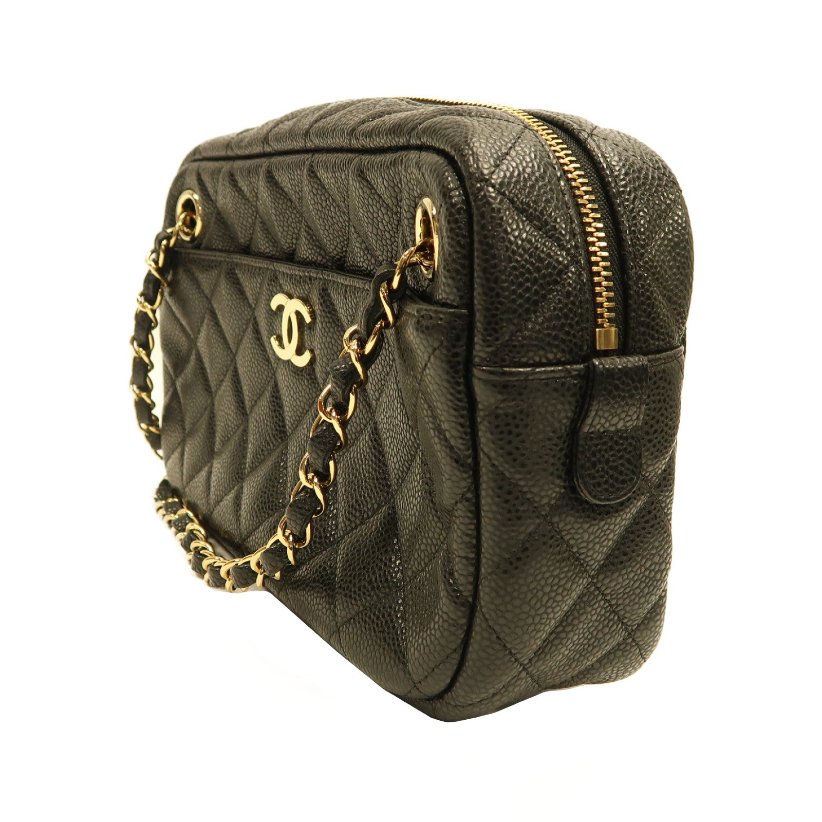 CHANEL 菱格Caviar皮革Chain Shoulder金扣鏈帶肩背袋黑色