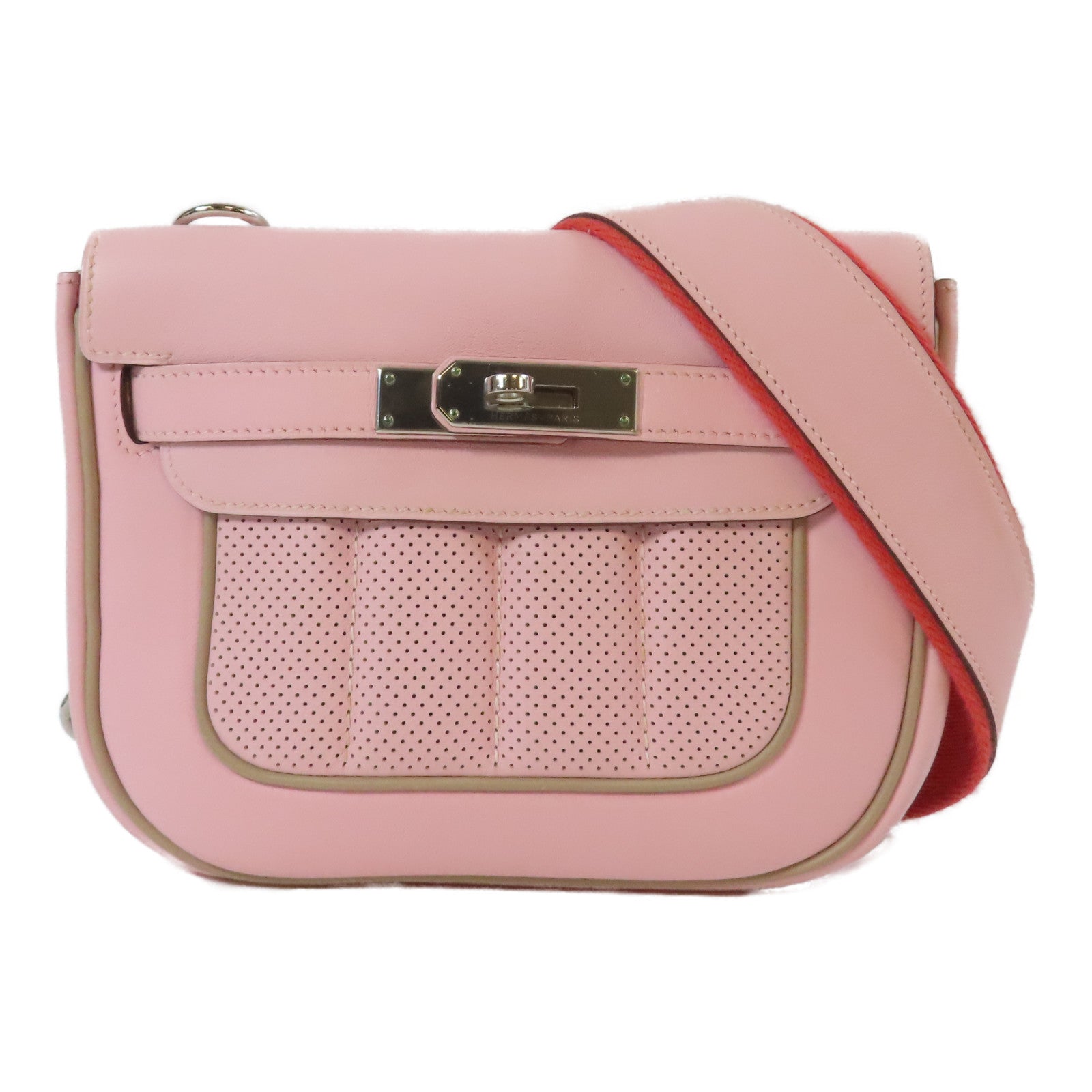 HERMES Swift皮革Mini Berline銀扣肩背袋Rose Sakura/櫻花粉
