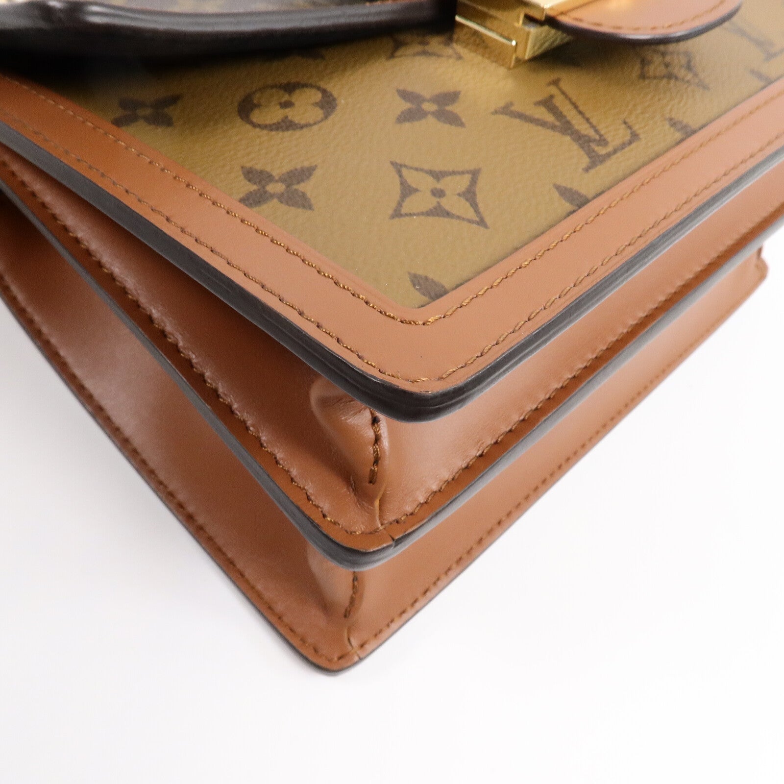 LOUIS VUITTON Monogram/Monogram Reverse Dauphine MM金扣手挽肩背兩用袋棕色