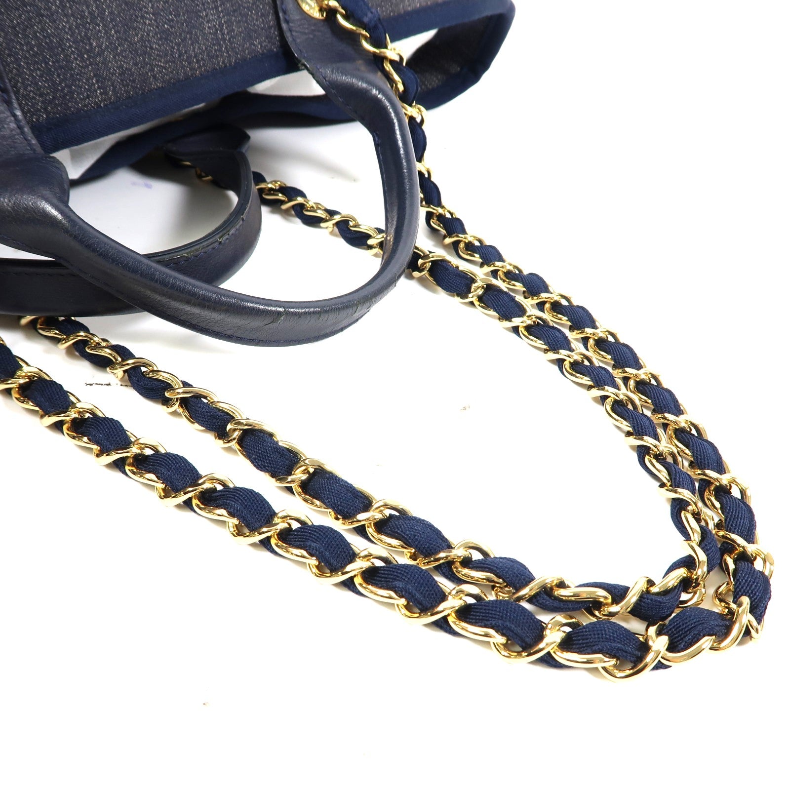CHANEL 帆布Deauville Tote金扣手挽肩背兩用袋深藍色