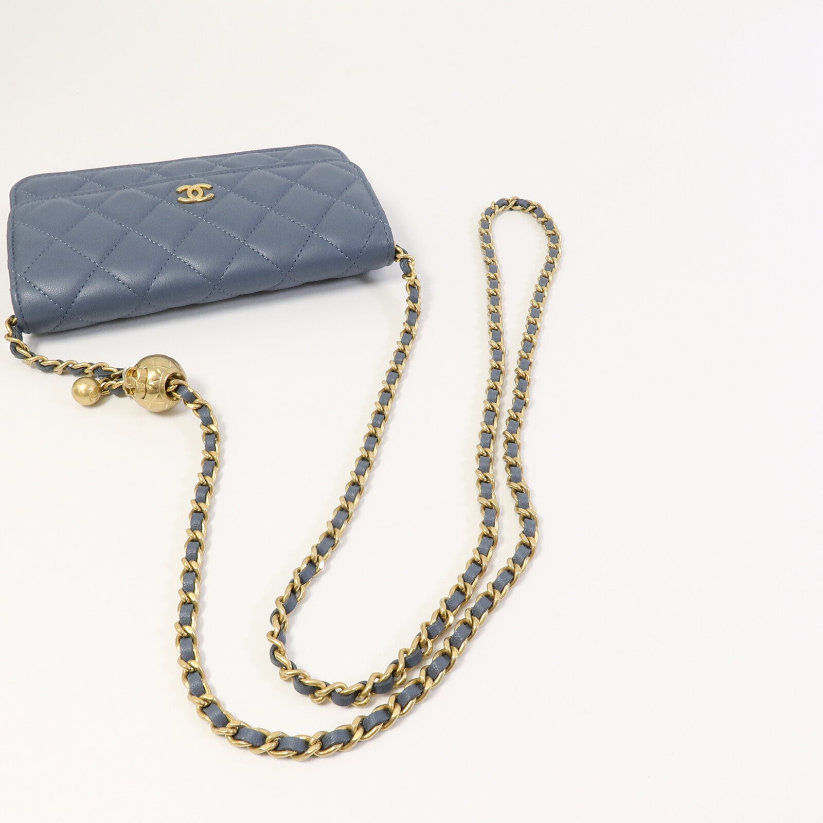 CHANEL 羊皮皮革Chain Shoulder W Gold Ball鏈帶肩背袋