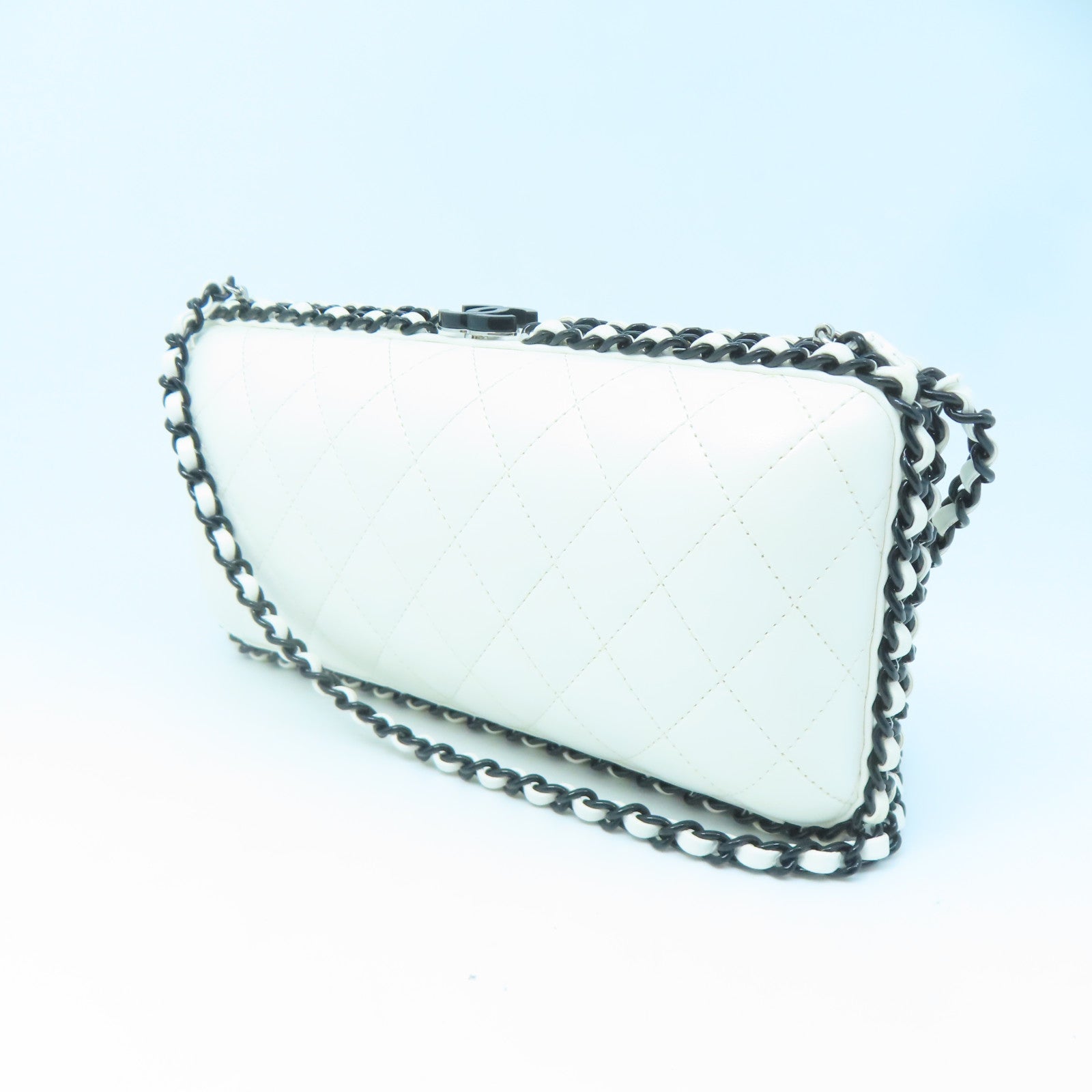 CHANEL Cowhide Leather Chain Shoulder Silver Buckle Chain Belt Shoulder Bag White
