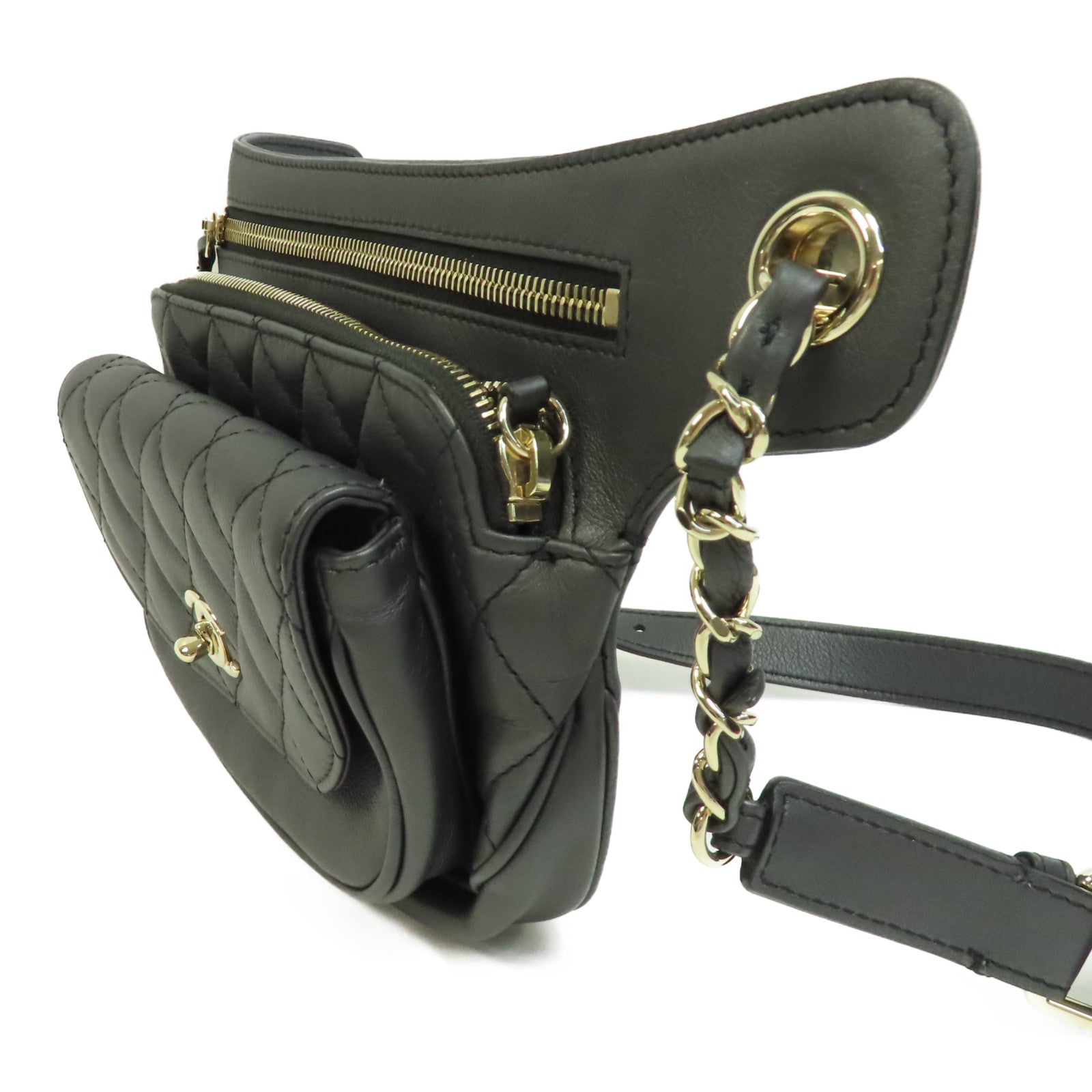 CHANEL 菱格牛皮皮革Waist Bag金釦鏈帶肩背袋黑色