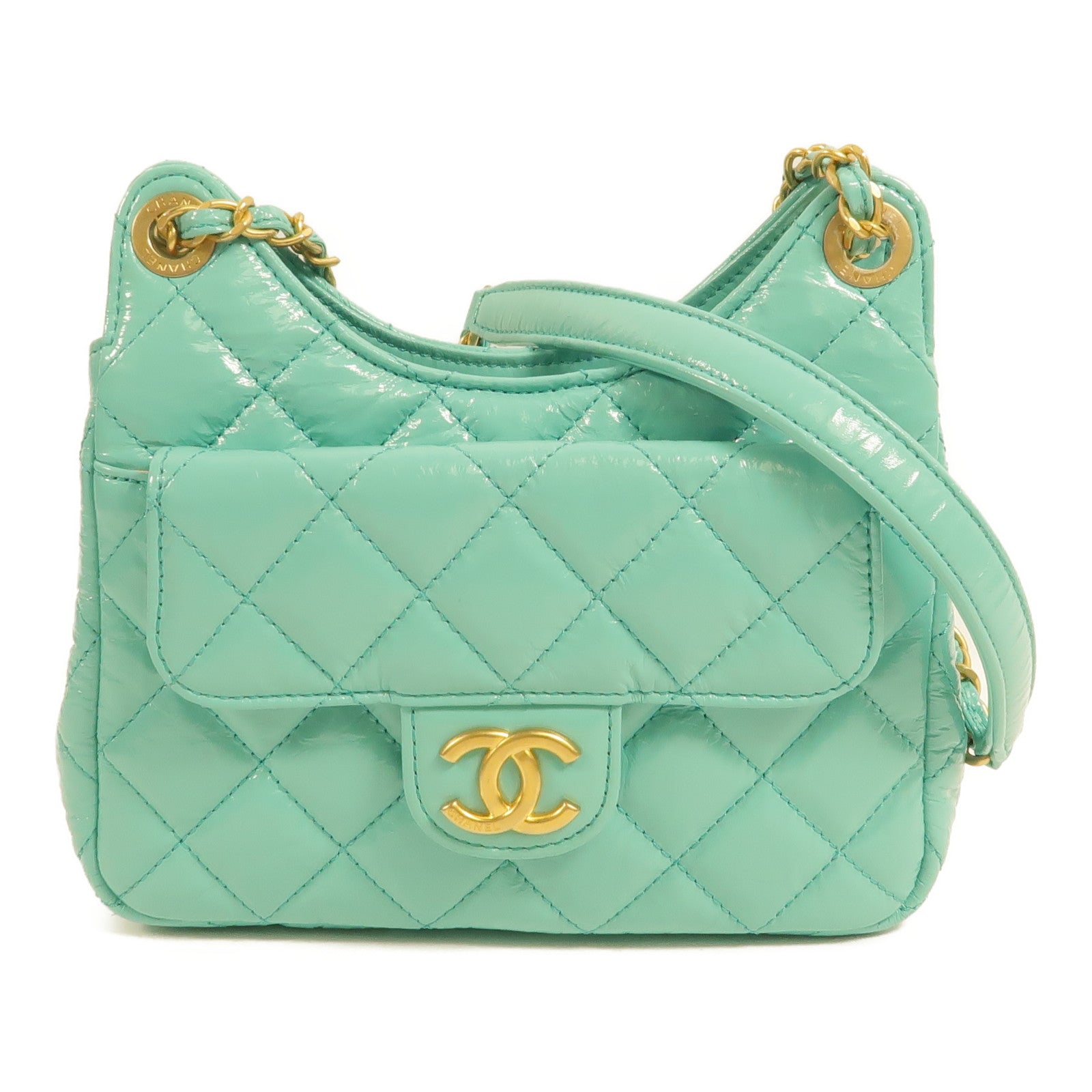 CHANEL 牛皮皮革Wavy CC Hobo鏈帶肩背袋