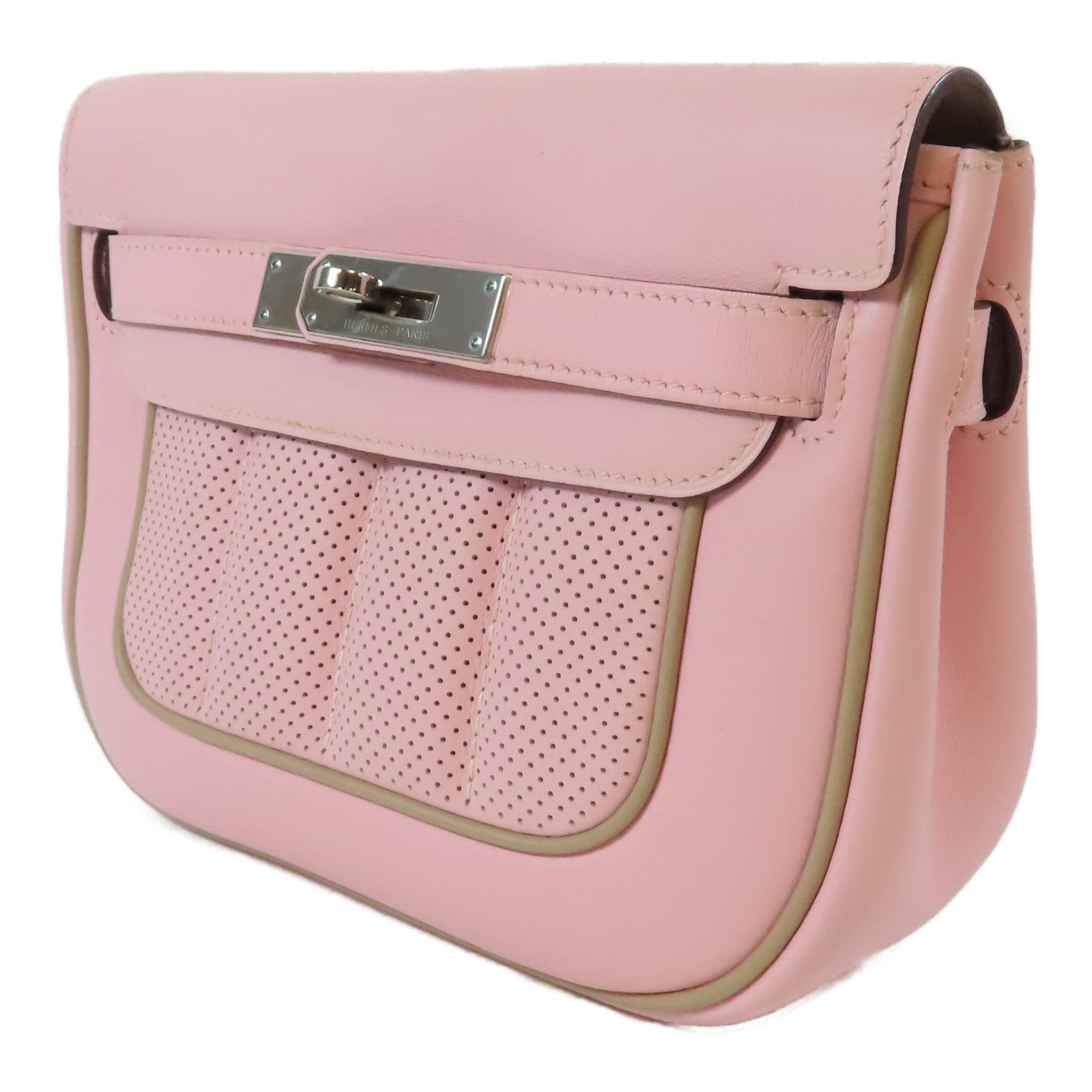 HERMES Swift皮革Mini Berline銀扣肩背袋Rose Sakura/櫻花粉