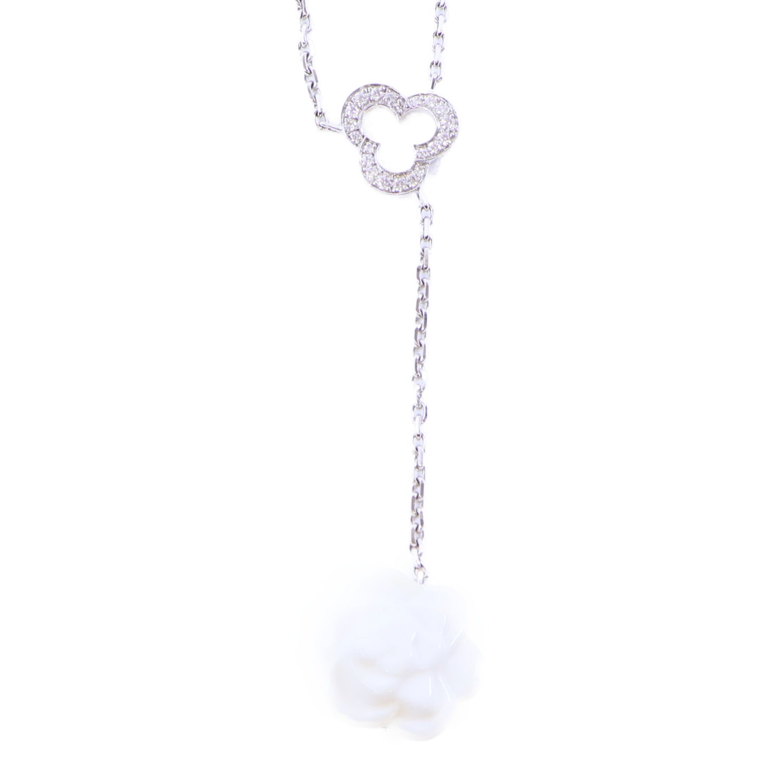CHANEL 18K白金Camellia White Agate Diamond Necklace鑽石項鍊