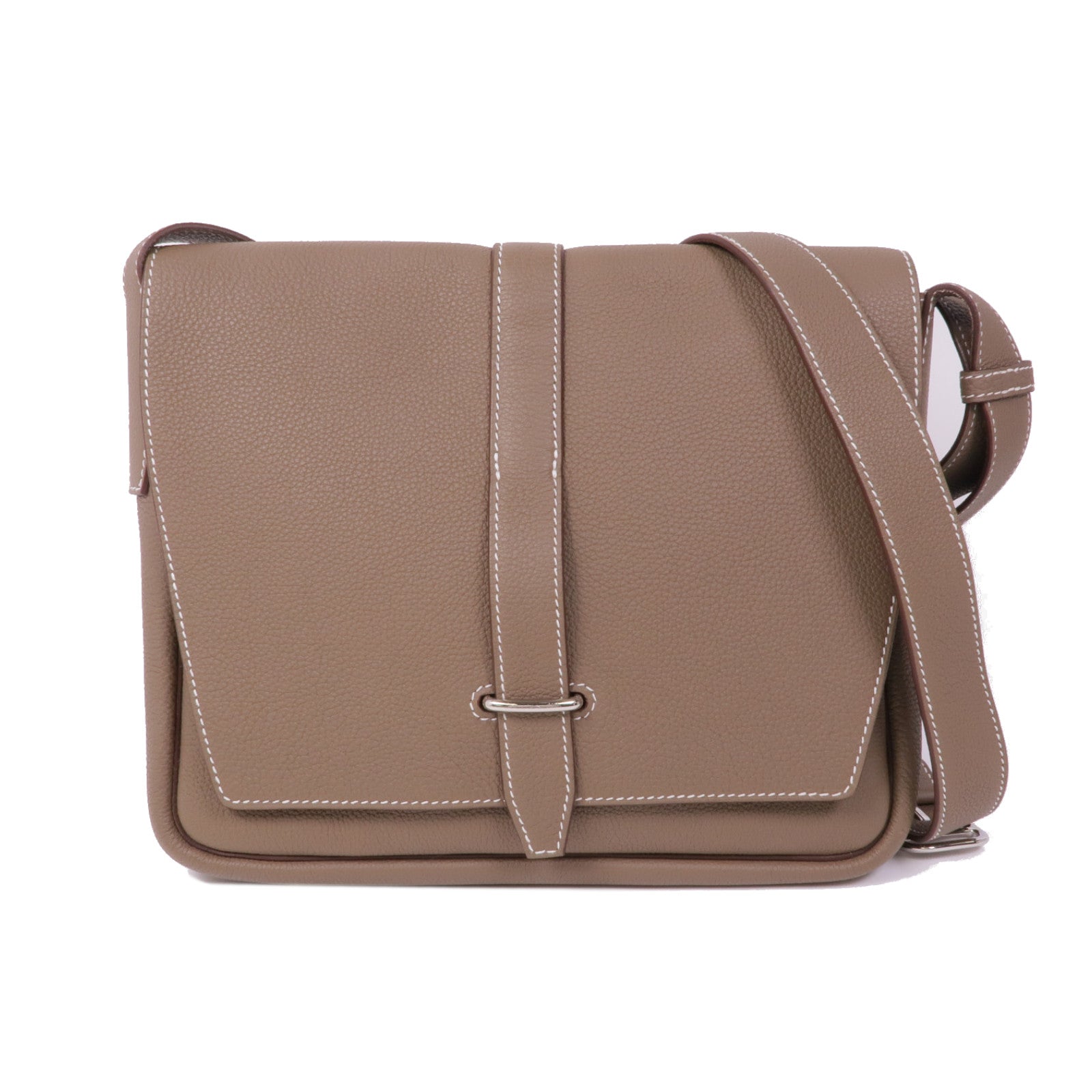 HERMES Togo皮革Steve Light Junior銀扣肩背袋Etoupe