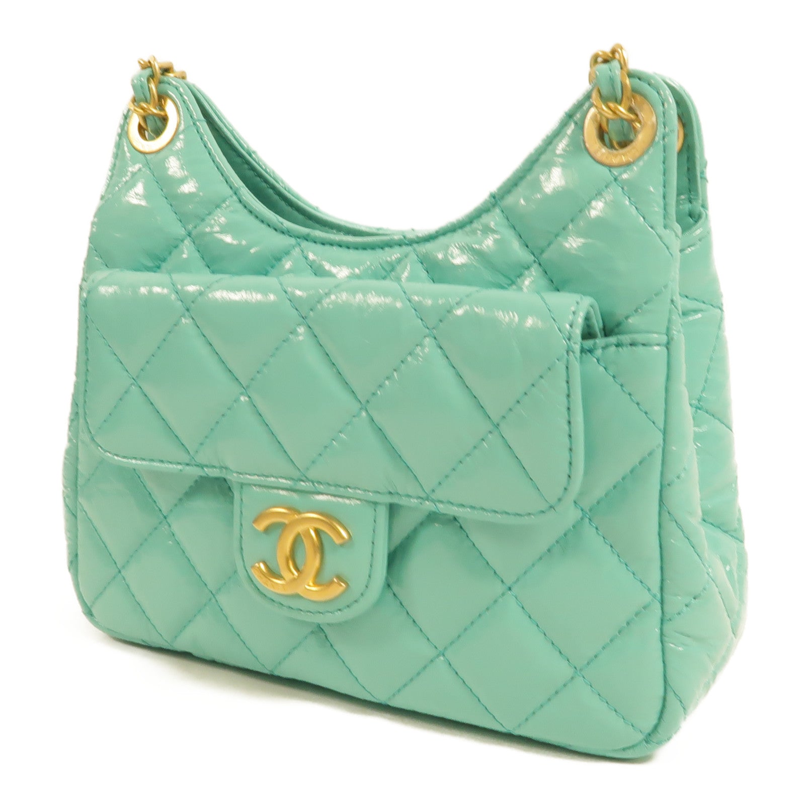 CHANEL 牛皮皮革Wavy CC Hobo鏈帶肩背袋
