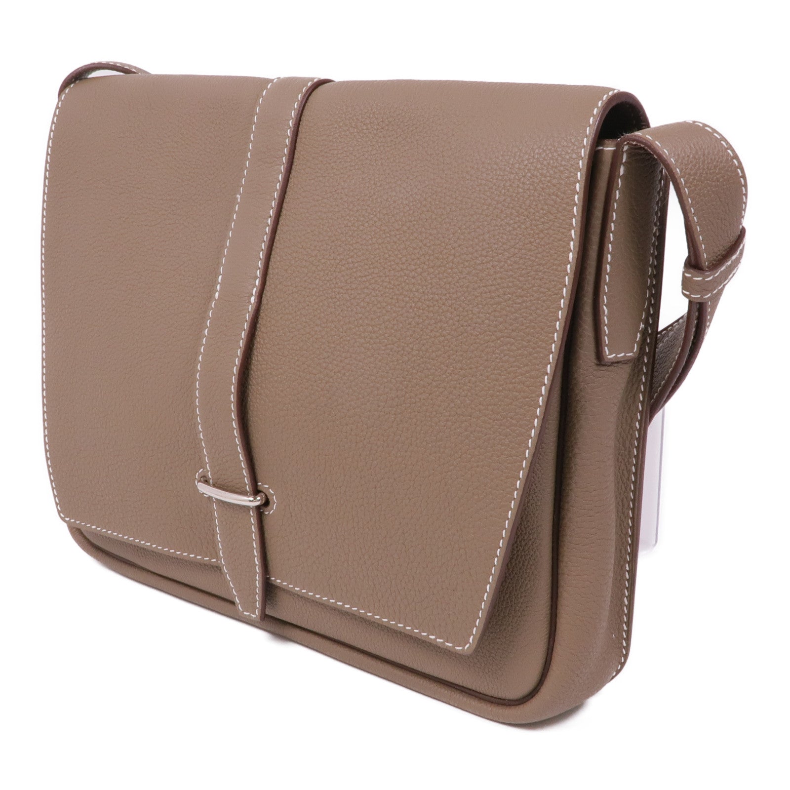 HERMES Togo皮革Steve Light Junior銀扣肩背袋Etoupe