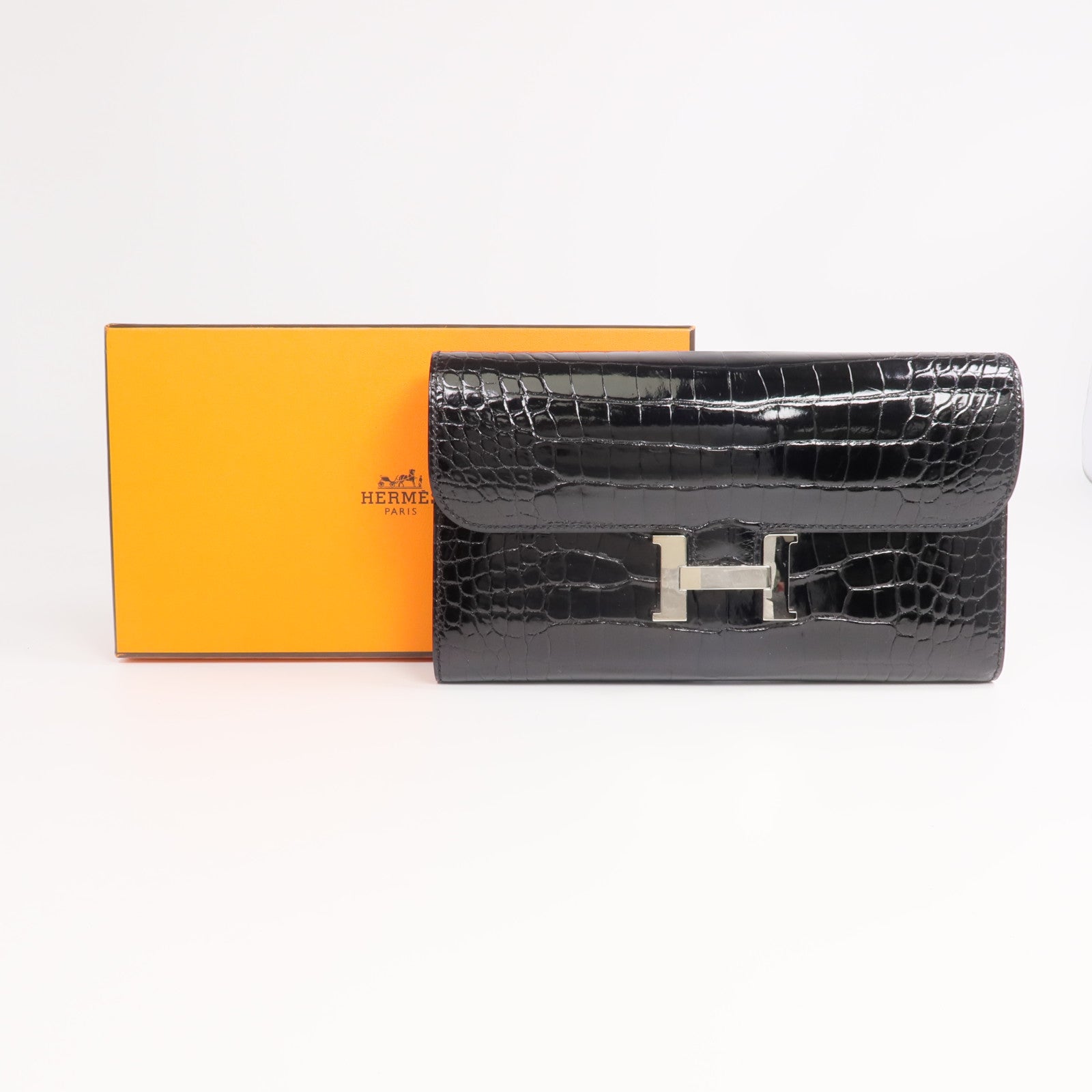 HERMES 【激減優惠】Alligator皮革Constance Long Wallet銀扣長錢包Noir