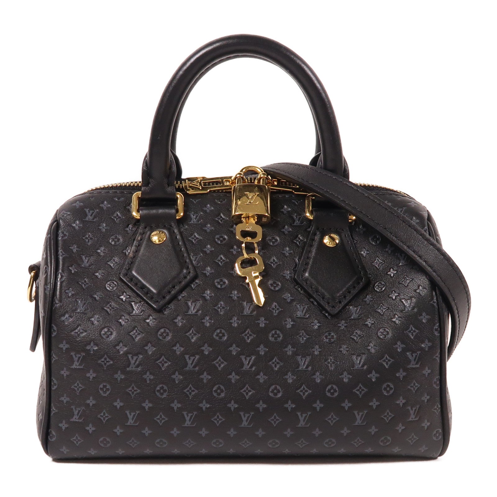 LOUIS VUITTON Nanogram皮革Speedy Bandouliere 20金扣黑色