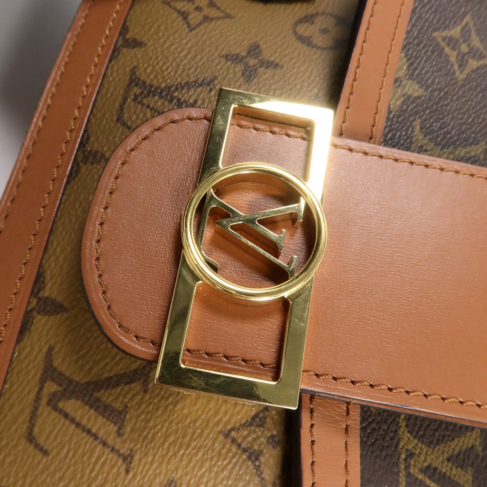 LOUIS VUITTON Monogram/Monogram Reverse Dauphine MM金扣手挽肩背兩用袋棕色