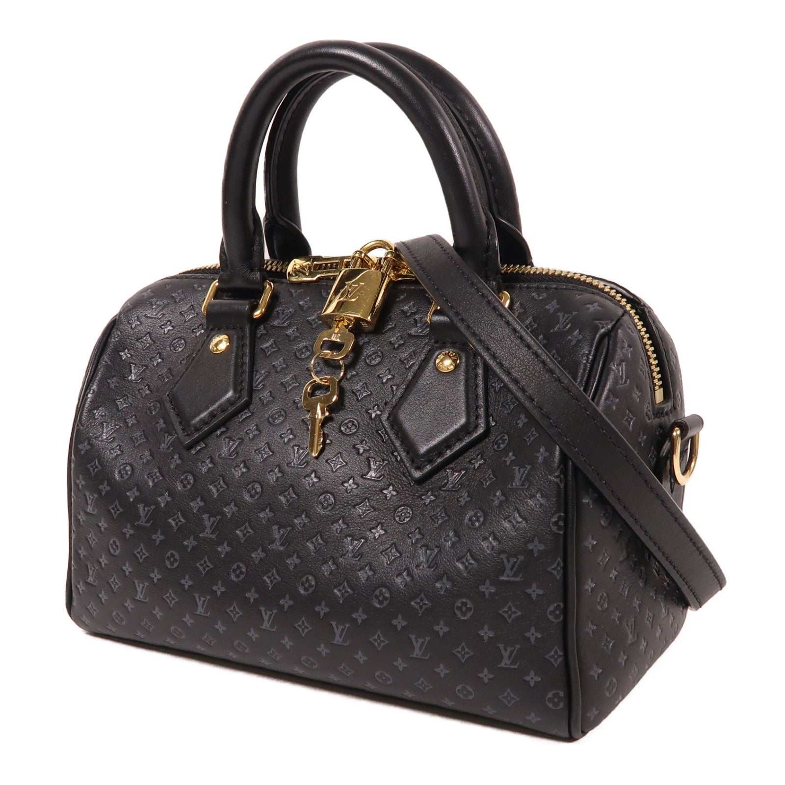 LOUIS VUITTON Nanogram皮革Speedy Bandouliere 20金扣黑色