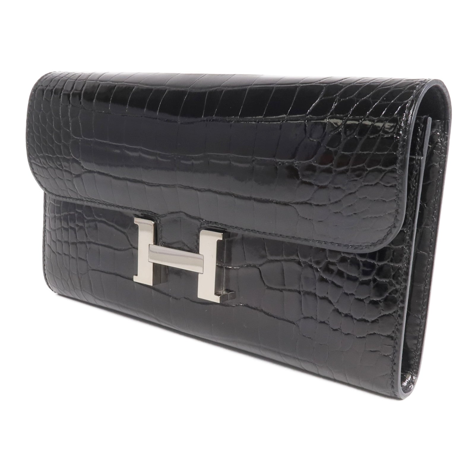 HERMES 【激減優惠】Alligator皮革Constance Long Wallet銀扣長錢包Noir