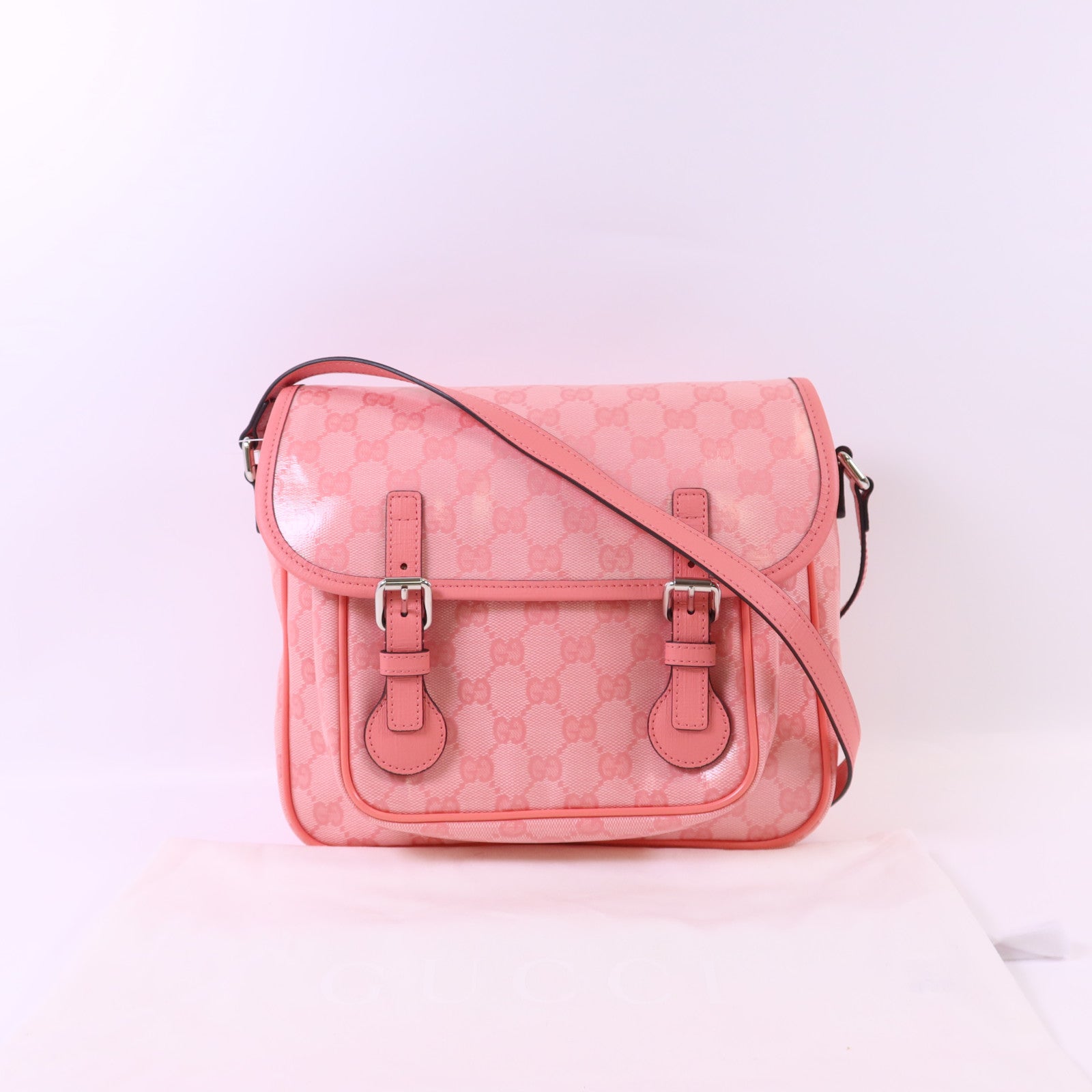 GUCCI 塗層帆布GG Supreme銀扣肩背袋