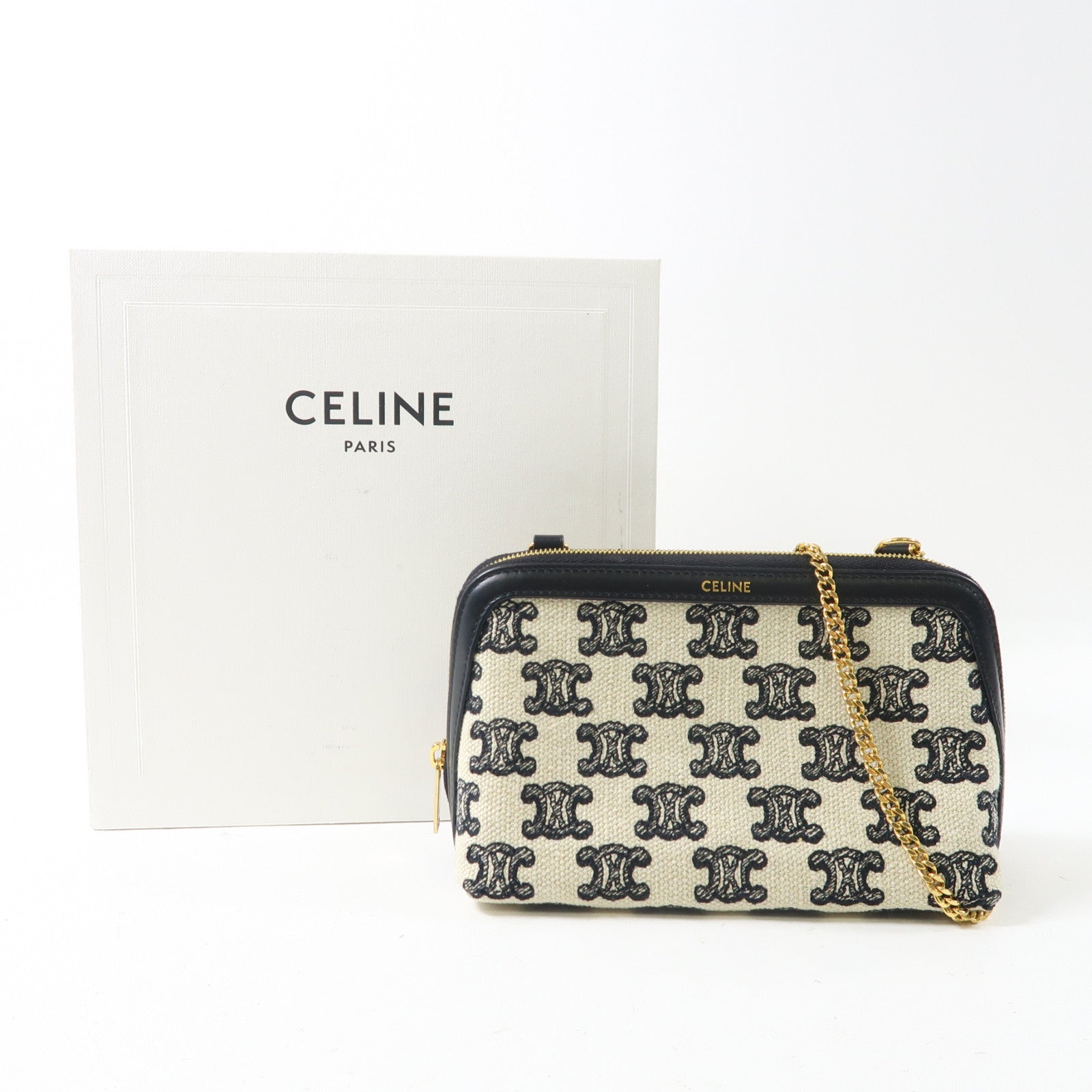 CELINE 帆布Triomphe金扣鏈帶肩背袋白色/黑色