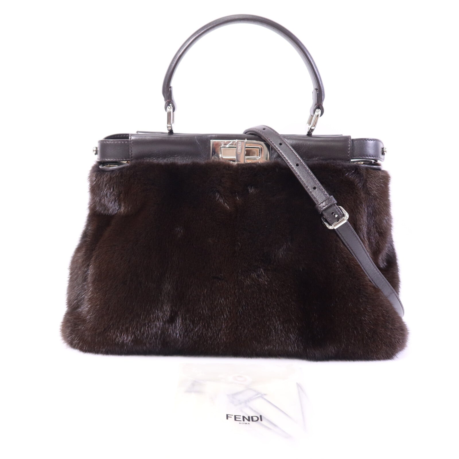 FENDI 狐狸皮毛/蛇皮皮革Peekaboo Large銀扣手挽肩背兩用袋