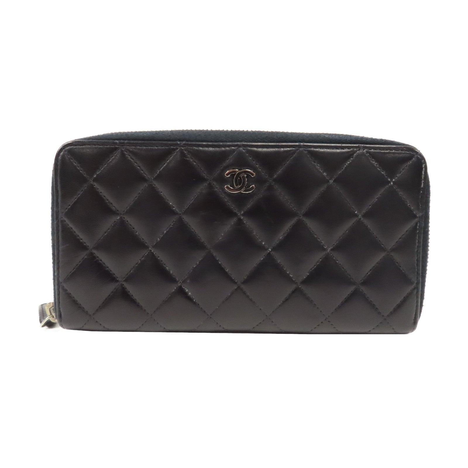 CHANEL 菱格羊皮皮革Zipper Long Wallet銀扣拉鍊長錢包黑色