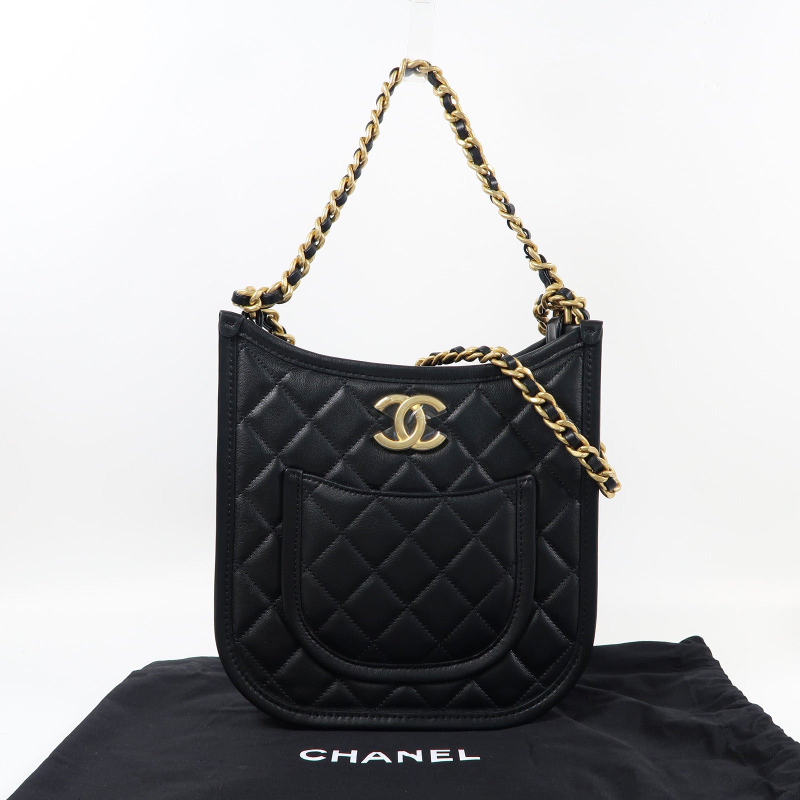 CHANEL 菱格牛皮皮革Chanel Hobo金扣鏈帶手挽肩背兩用袋黑色