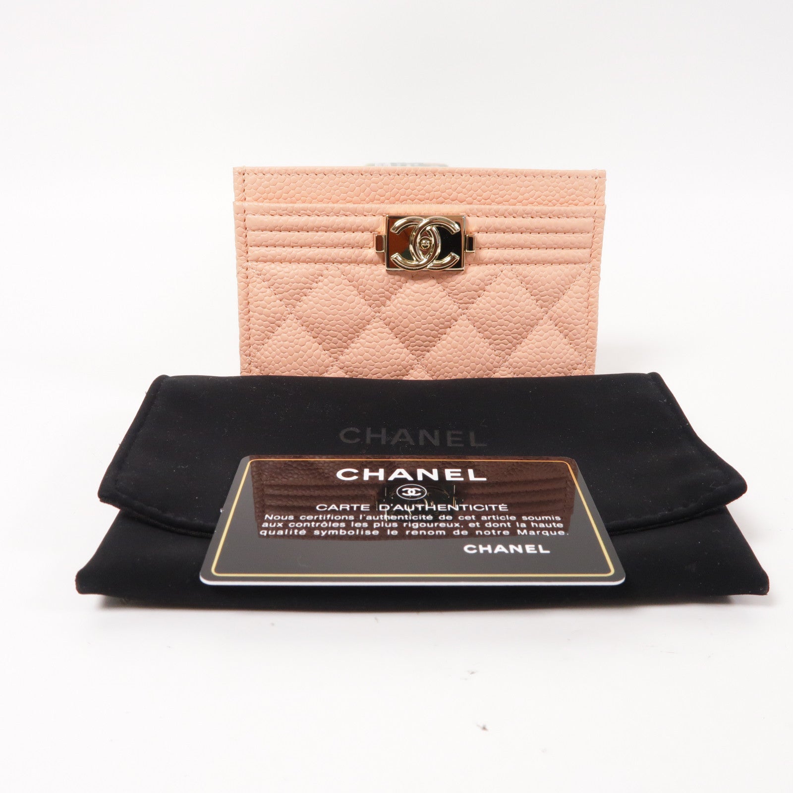 CHANEL 菱格Caviar皮革Boy Card Case金扣卡片套粉紅色