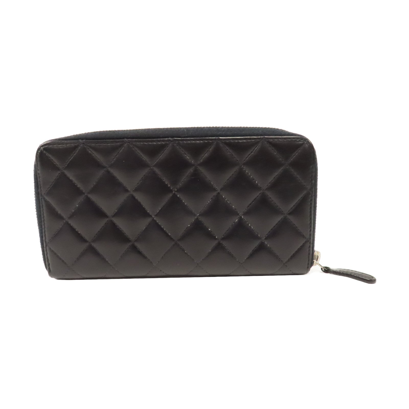 CHANEL 菱格羊皮皮革Zipper Long Wallet銀扣拉鍊長錢包黑色