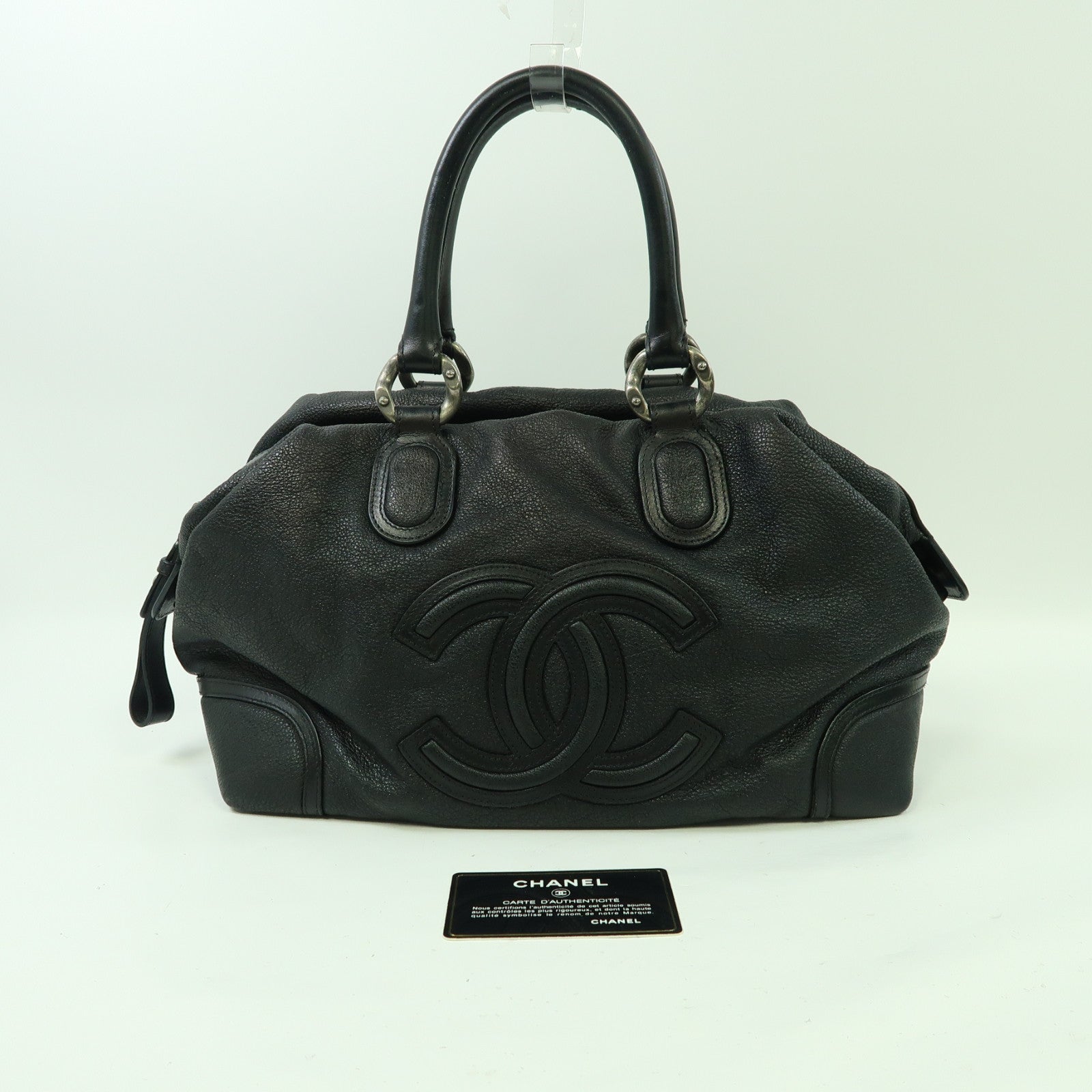 CHANEL 牛皮皮革Handbag銀扣手挽袋黑色