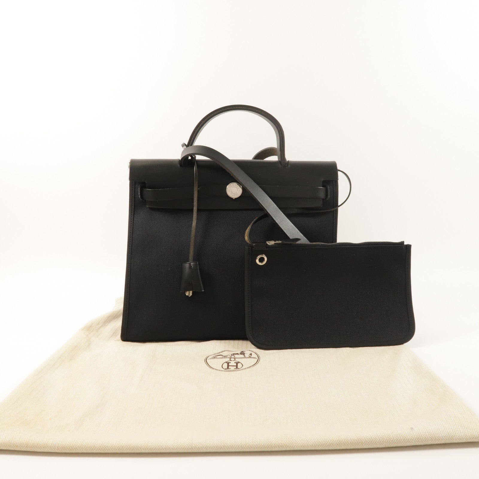 HERMES 帆布牛皮皮革Herbag PM銀扣手挽肩背兩用袋Noir