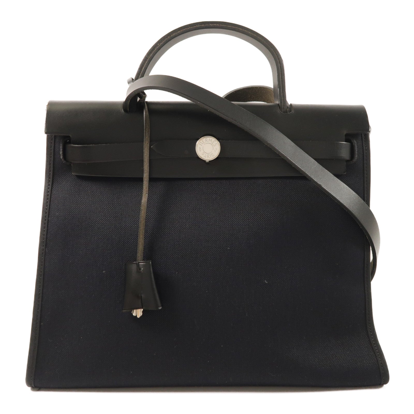 HERMES 帆布牛皮皮革Herbag PM銀扣手挽肩背兩用袋Noir