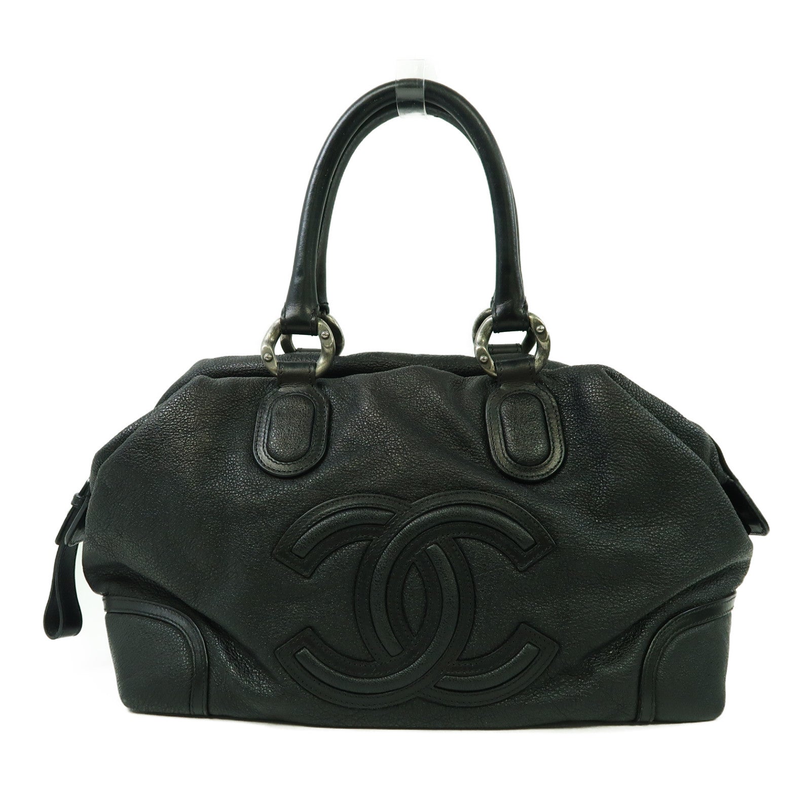 CHANEL 牛皮皮革Handbag銀扣手挽袋黑色