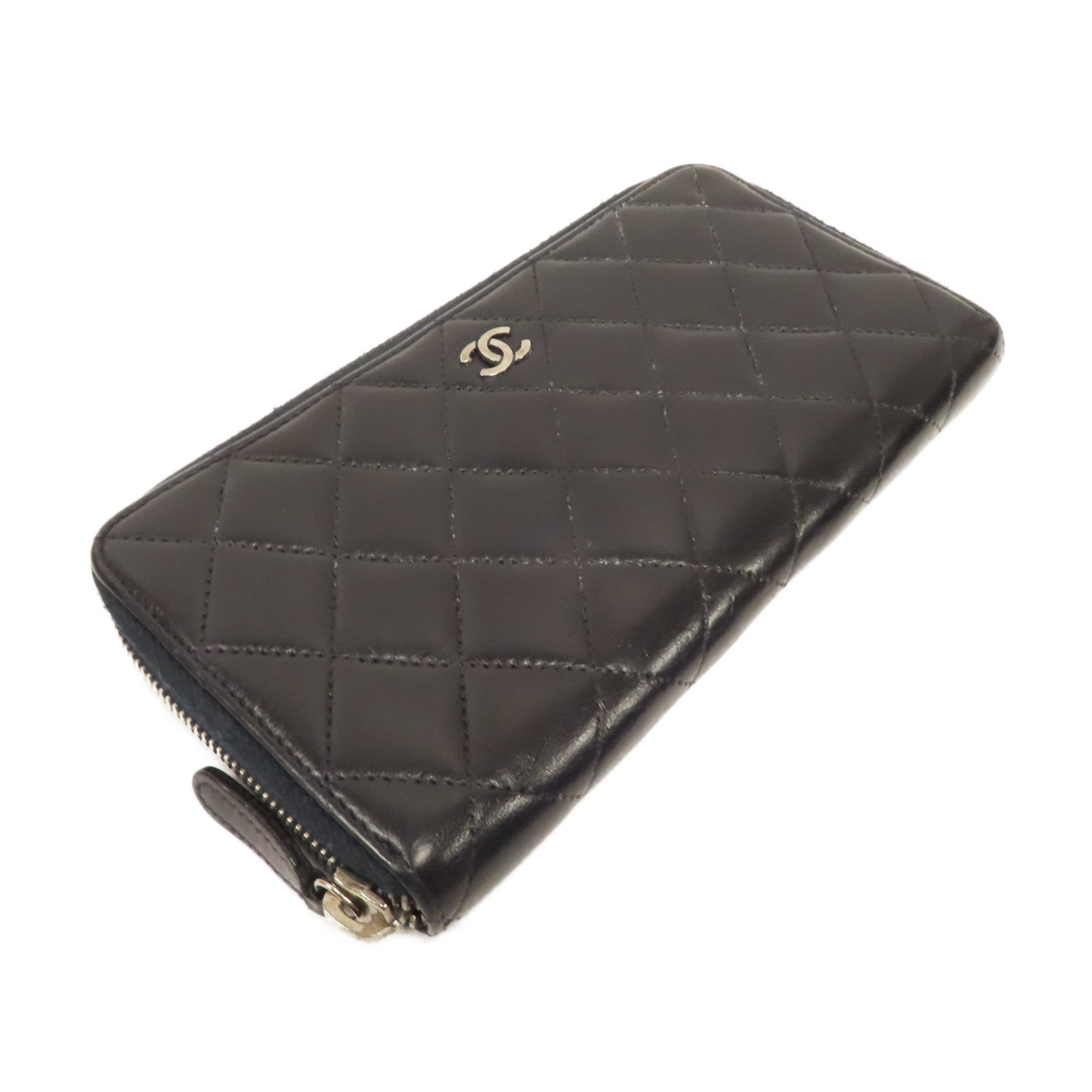 CHANEL 菱格羊皮皮革Zipper Long Wallet銀扣拉鍊長錢包黑色