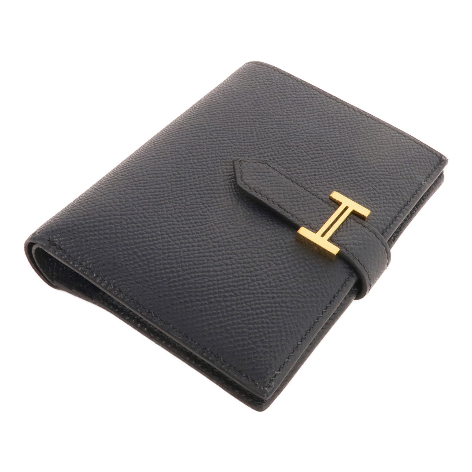 HERMES Epsom皮革Bearn Compact Wallet金扣錢包Bleu Nuit
