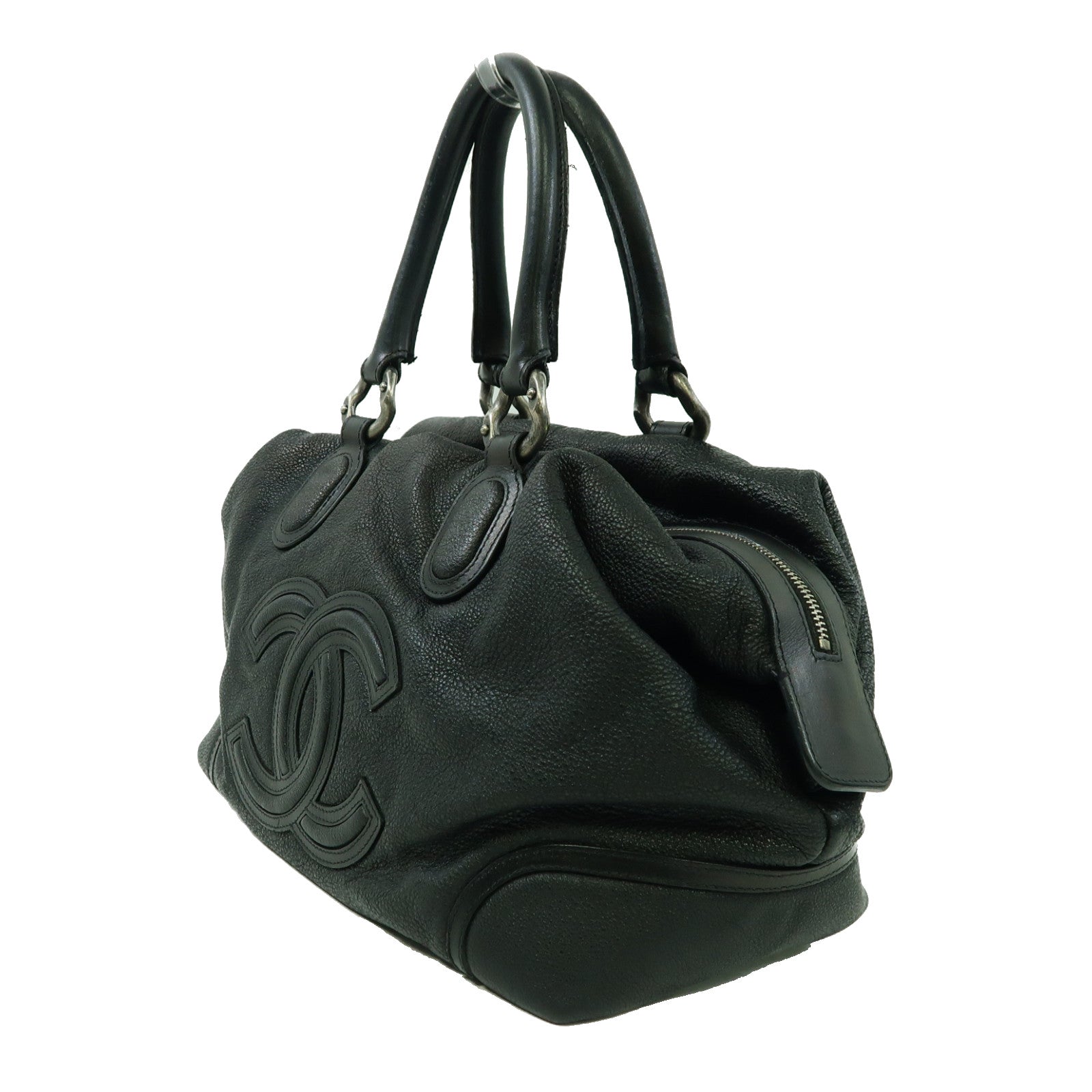 CHANEL 牛皮皮革Handbag銀扣手挽袋黑色