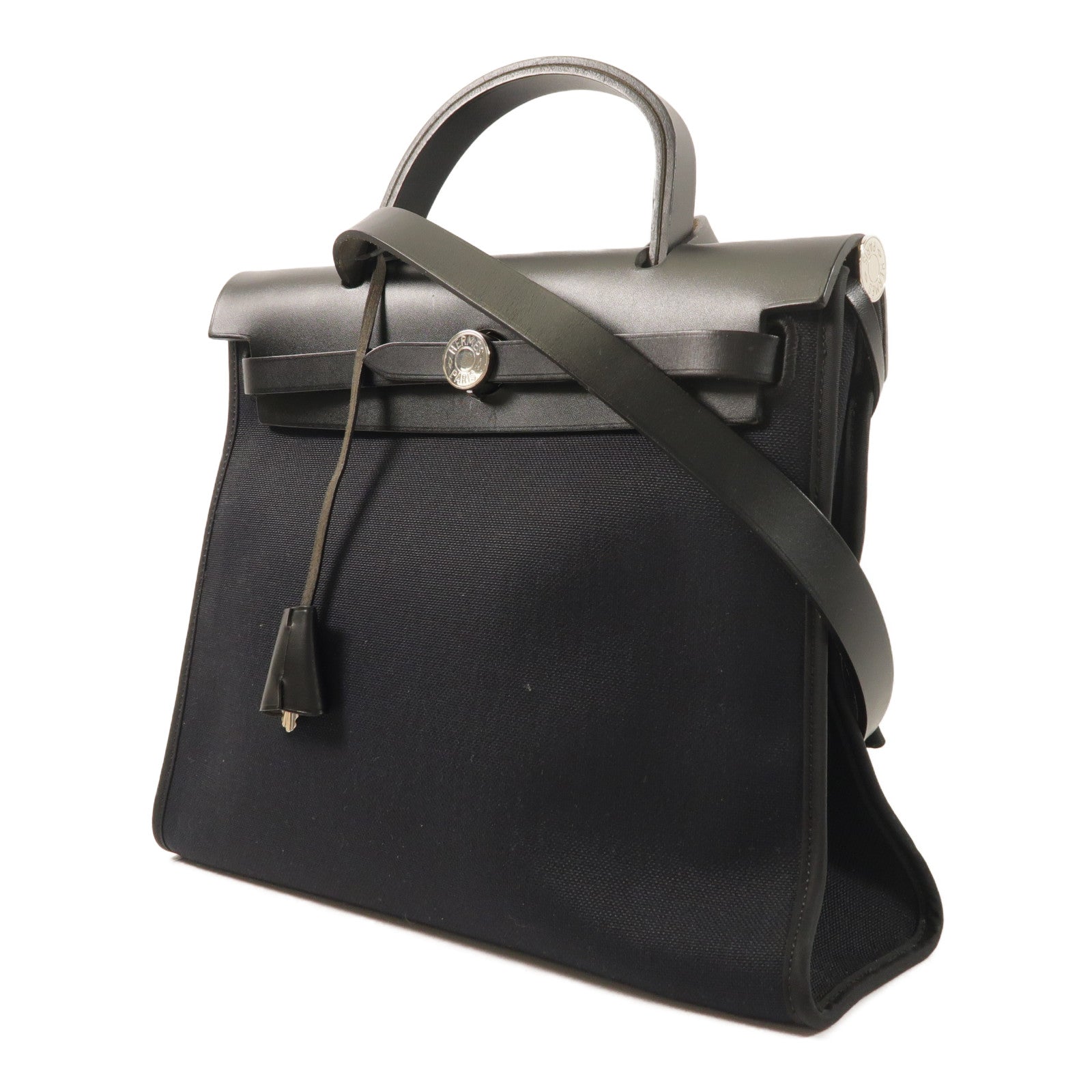HERMES 帆布牛皮皮革Herbag PM銀扣手挽肩背兩用袋Noir