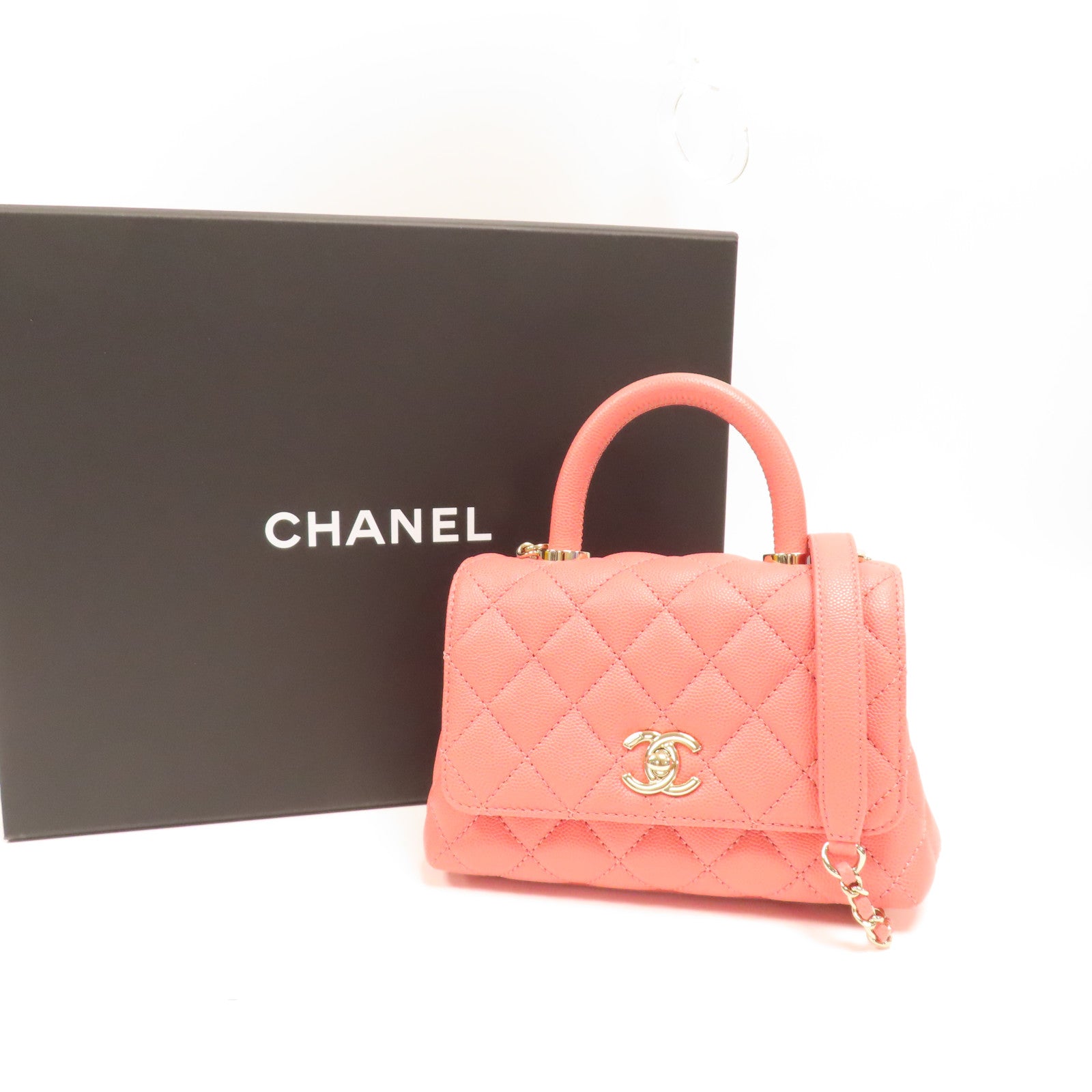 CHANEL 菱格Caviar皮革Mini Coco Handle金扣手挽肩背兩用袋粉紅色