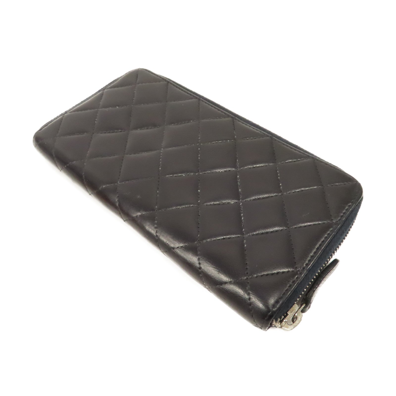 CHANEL 菱格羊皮皮革Zipper Long Wallet銀扣拉鍊長錢包黑色