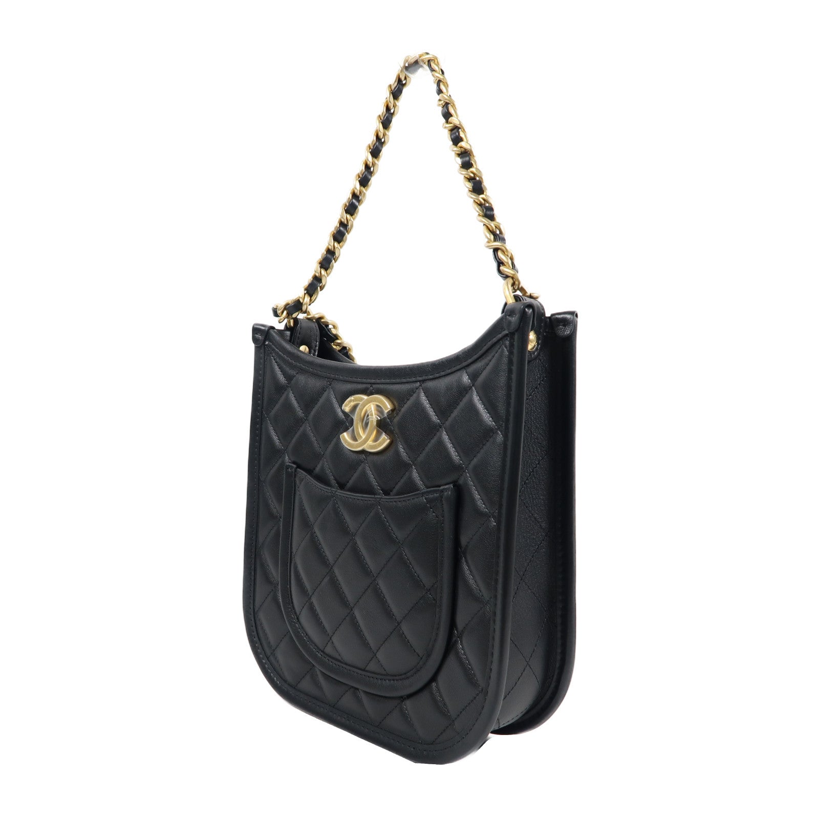 CHANEL 菱格牛皮皮革Chanel Hobo金扣鏈帶手挽肩背兩用袋黑色