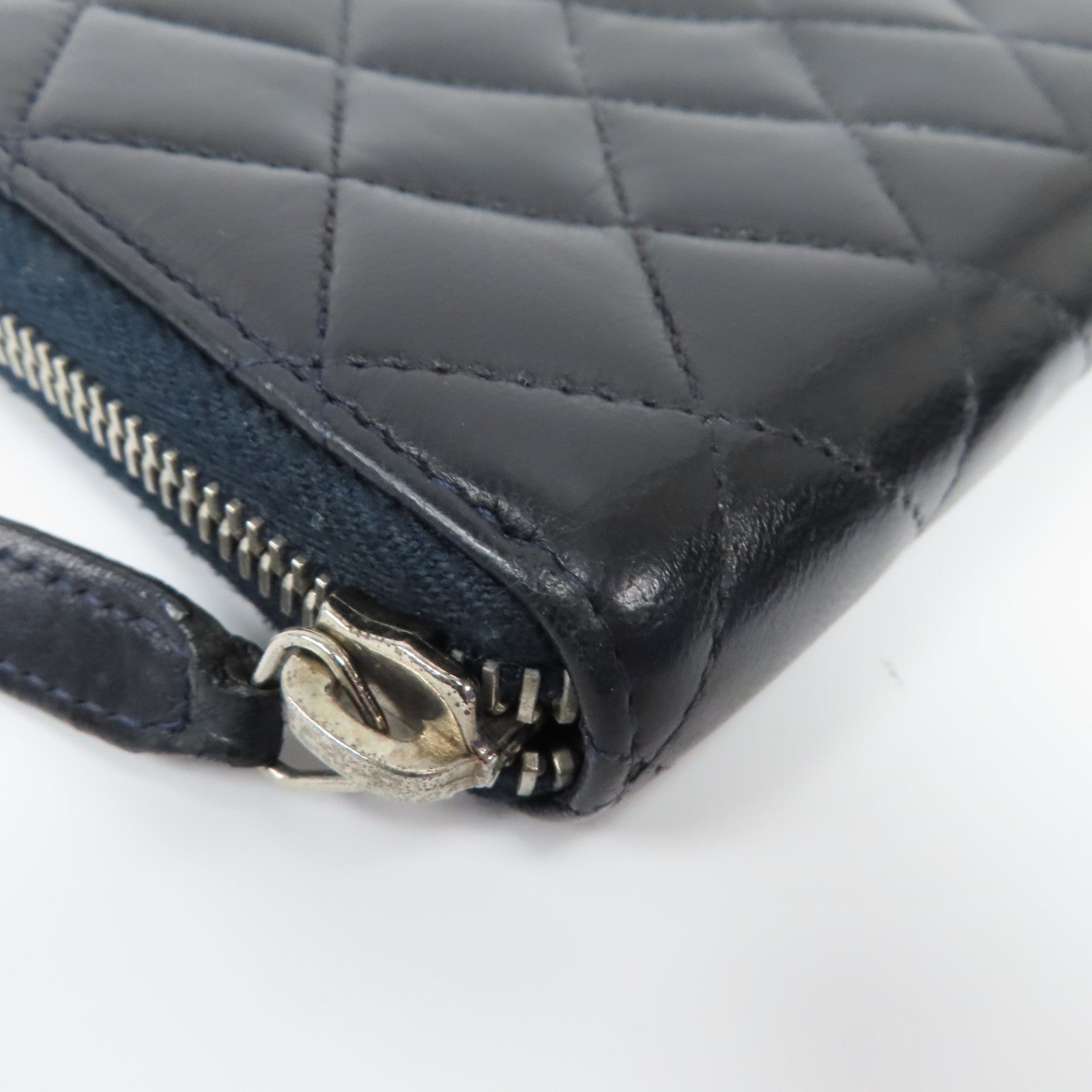 CHANEL 菱格羊皮皮革Zipper Long Wallet銀扣拉鍊長錢包黑色