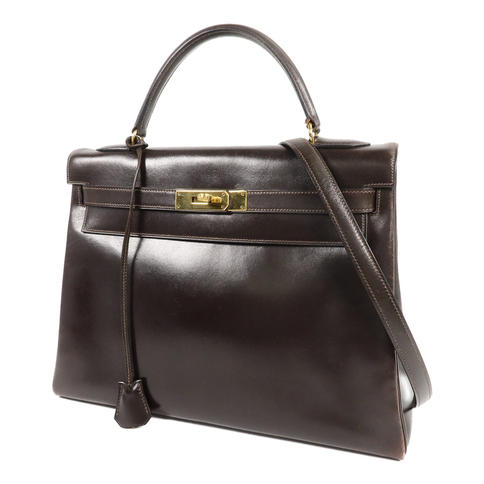 HERMES Box Calf皮革Kelly 32手挽肩背兩用袋Brown