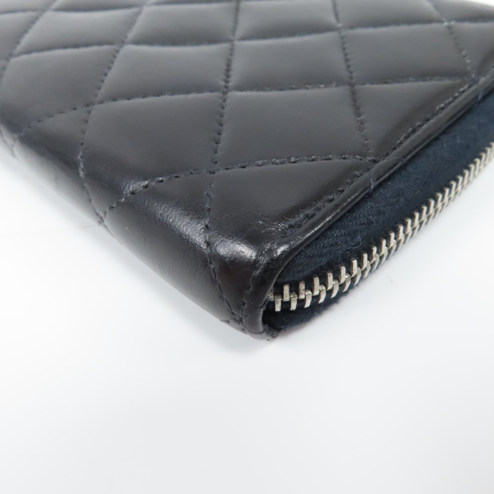 CHANEL 菱格羊皮皮革Zipper Long Wallet銀扣拉鍊長錢包黑色