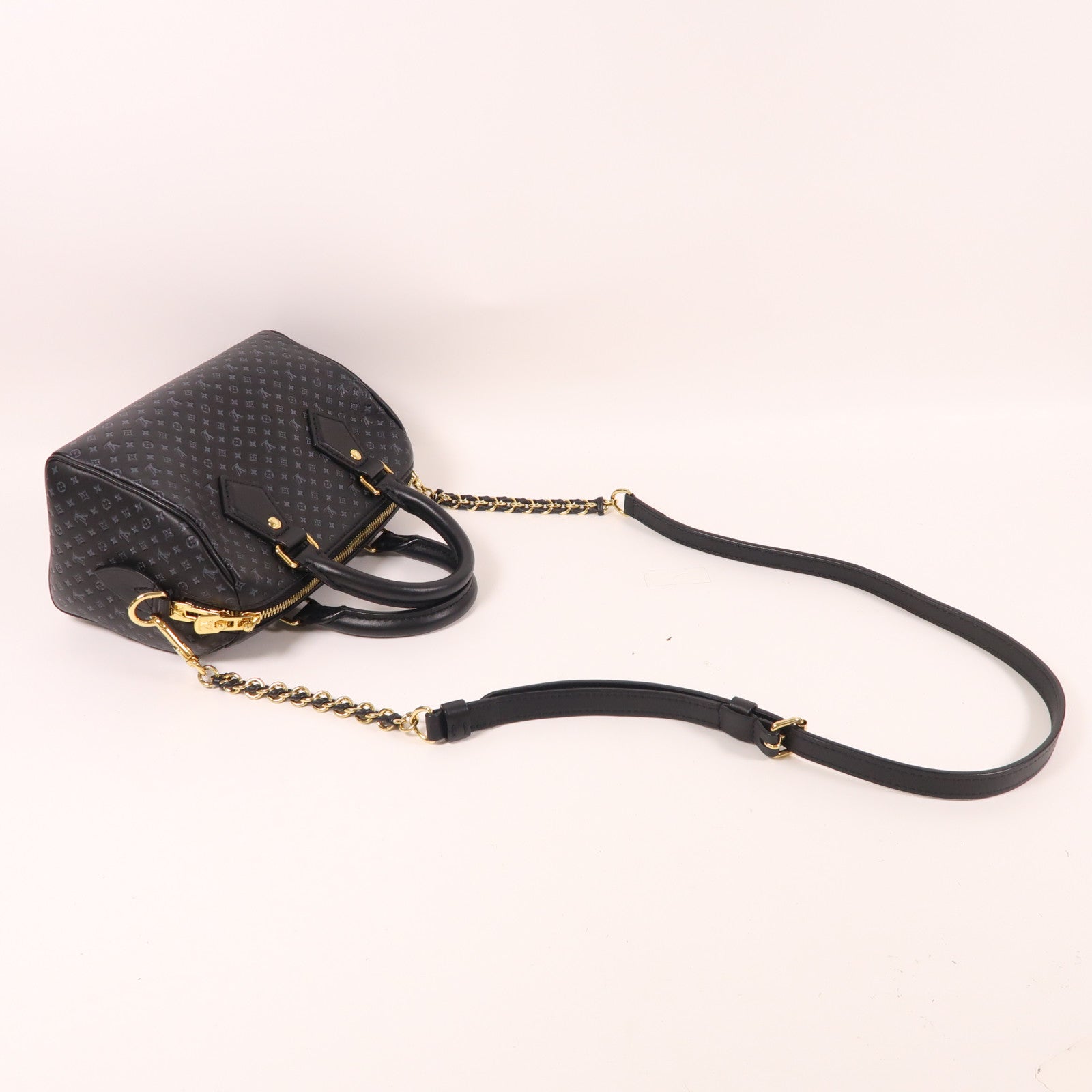 LOUIS VUITTON Nanogram皮革Speedy Bandouliere 20金扣黑色