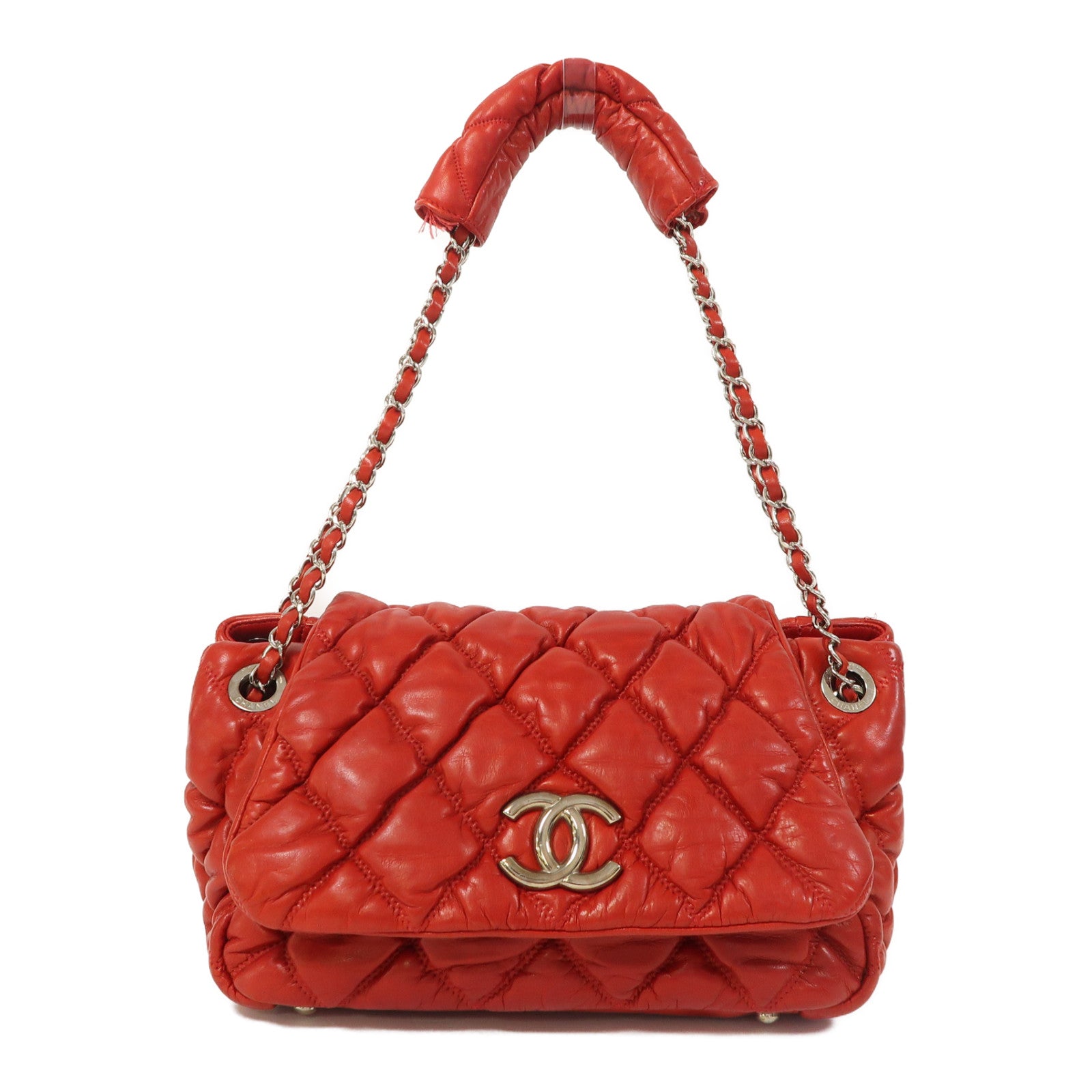 CHANEL 菱格牛皮皮革Shoulder Bag銀扣鏈帶肩背袋紅色